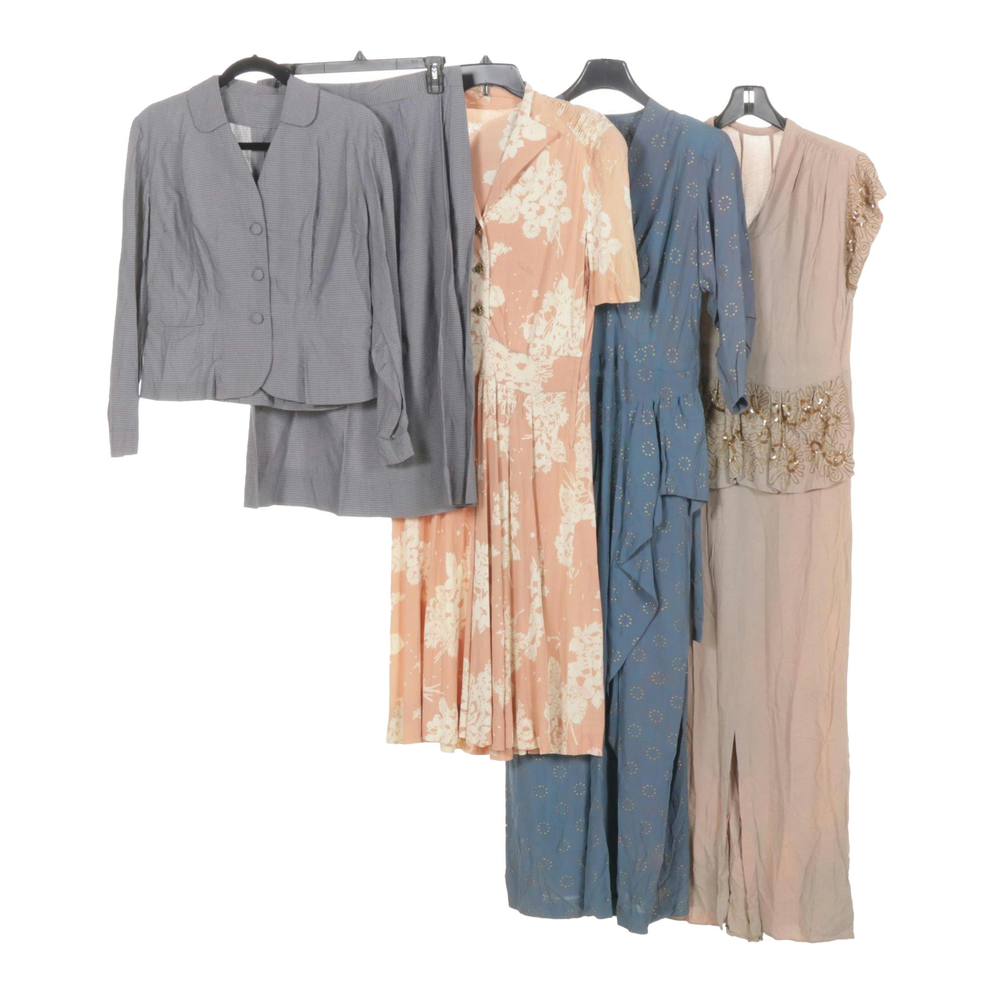 Striped Skirt Suit, Embellished Drop Waist Dress & More in 1940s Wardrobe Set