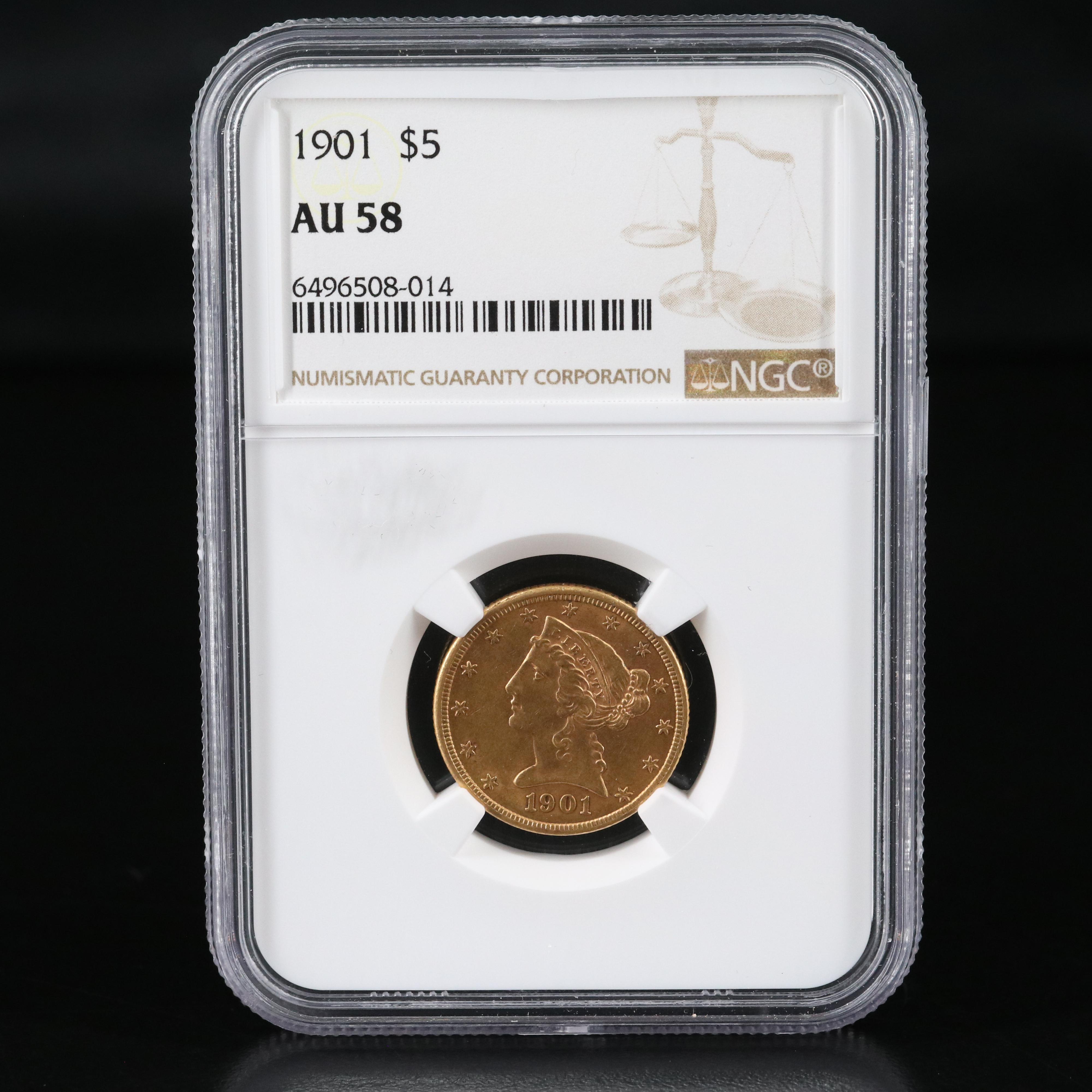 NGC Graded AU58 1901 Liberty Head Five Dollar Gold Coin