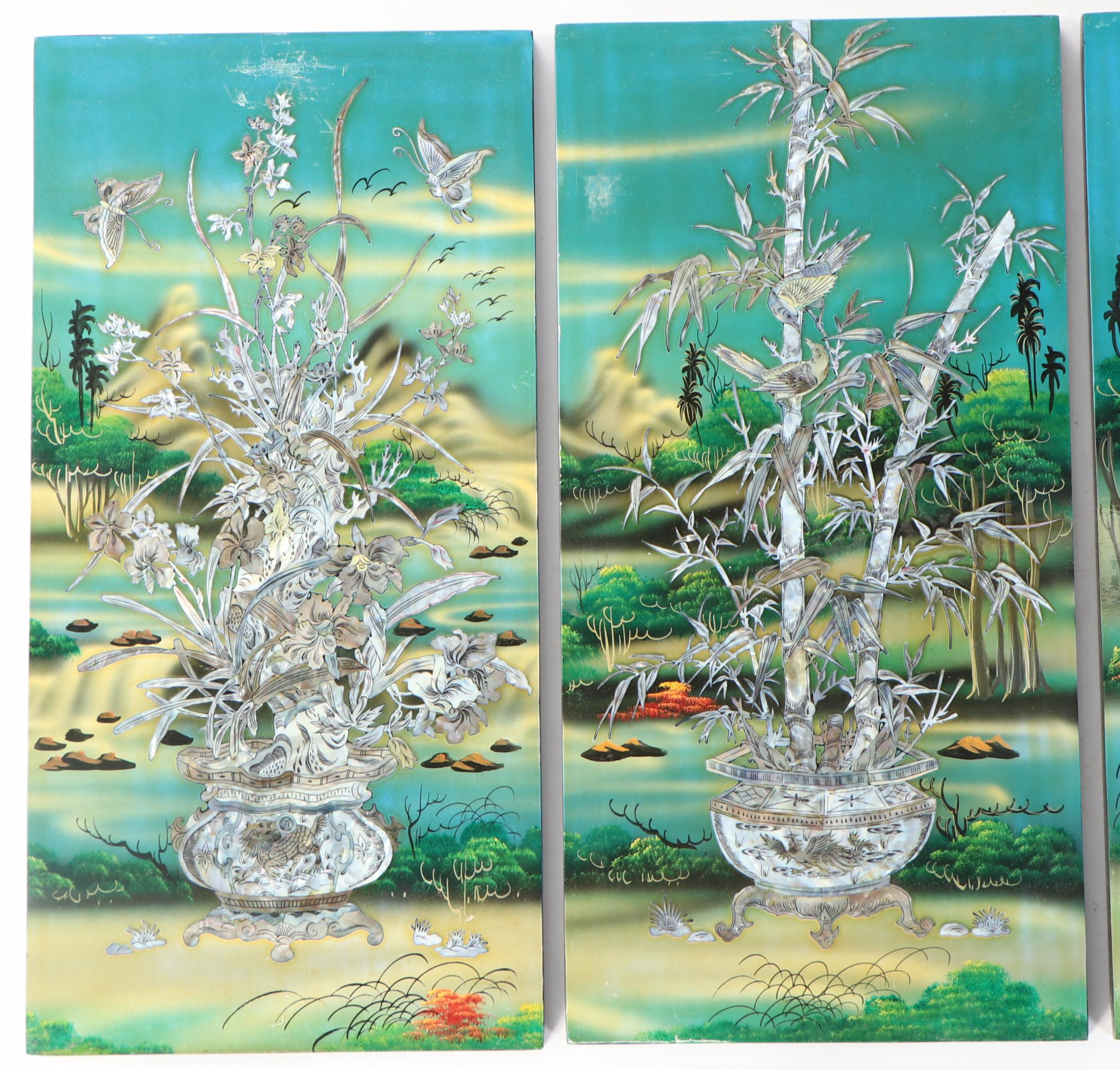 Chinese Wall Lacquerware Plaques with Abalone Shell Inlay