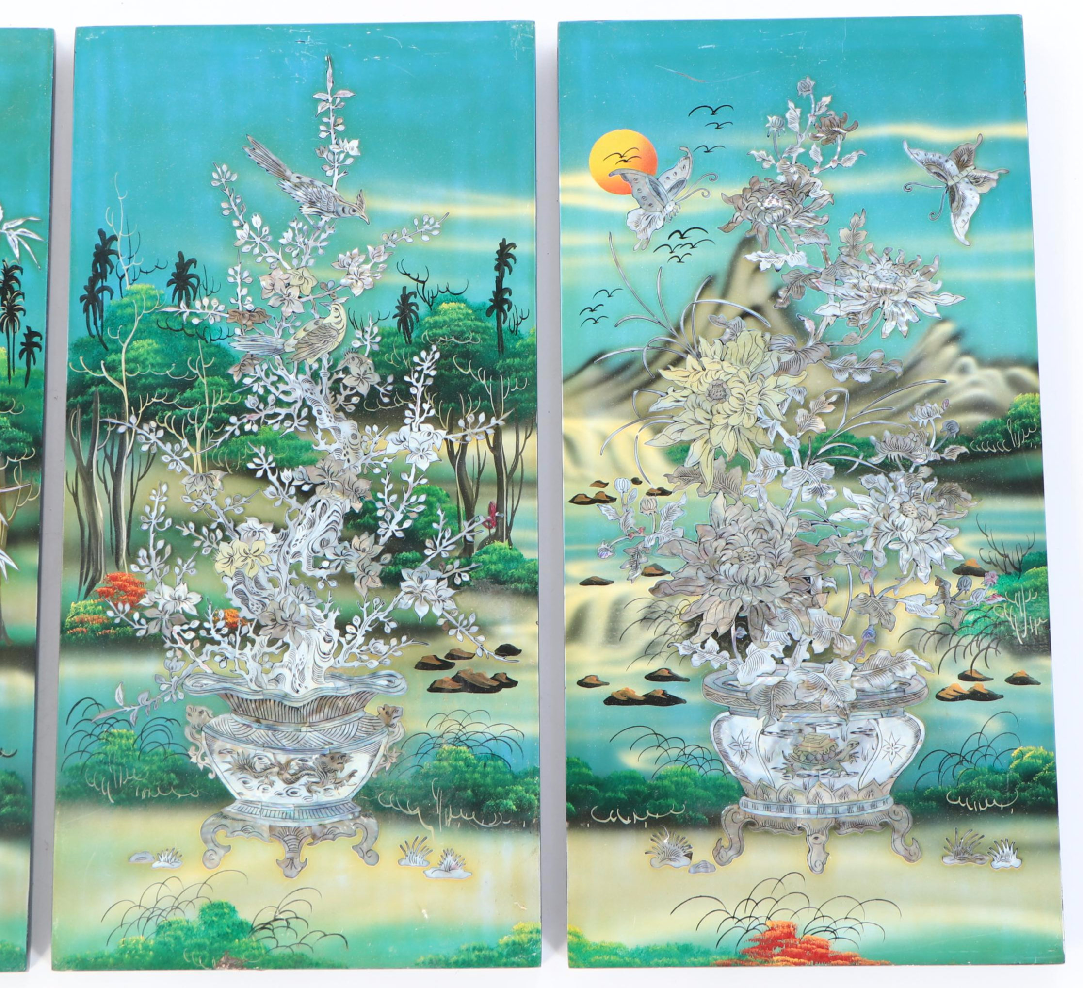 Chinese Wall Lacquerware Plaques with Abalone Shell Inlay