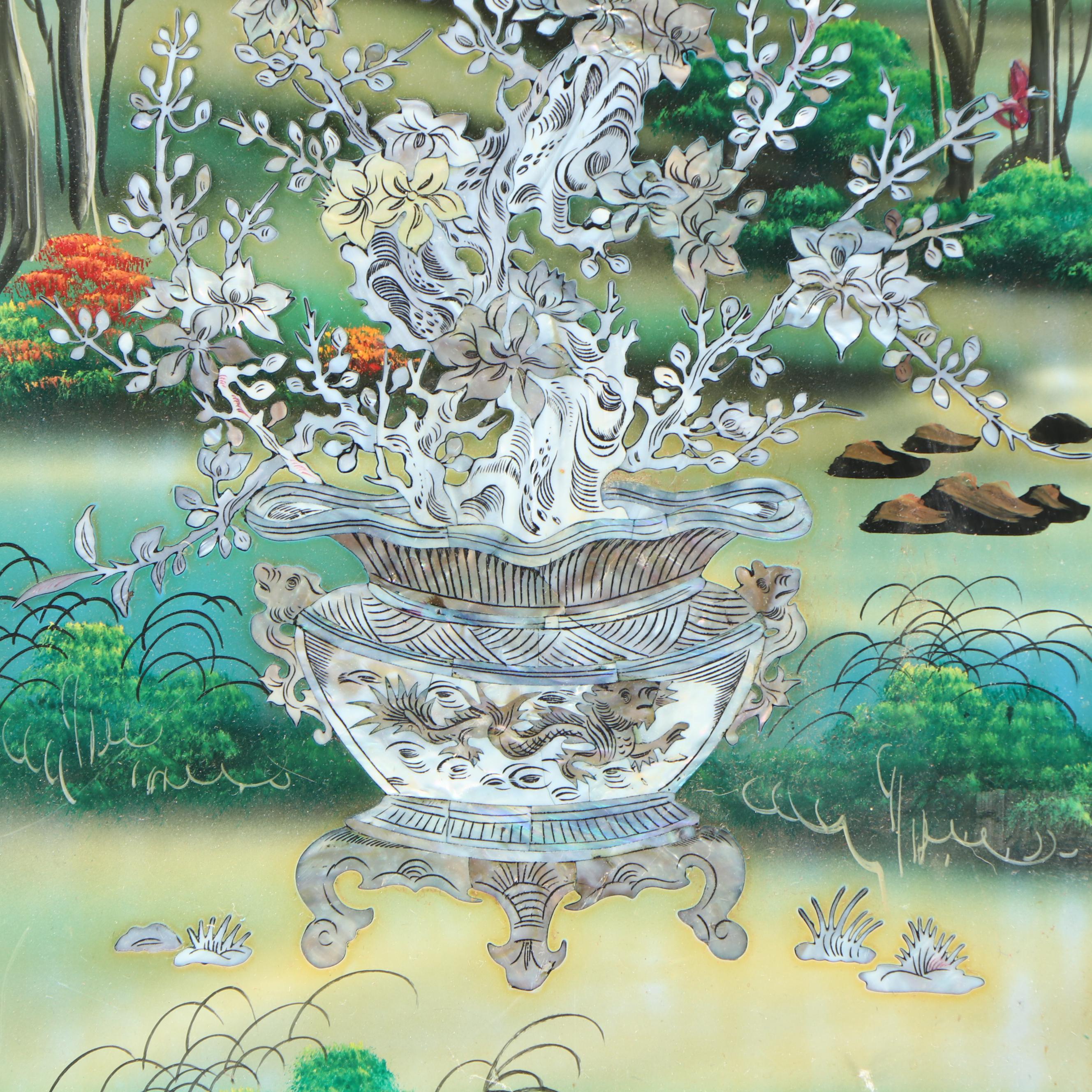 Chinese Wall Lacquerware Plaques with Abalone Shell Inlay