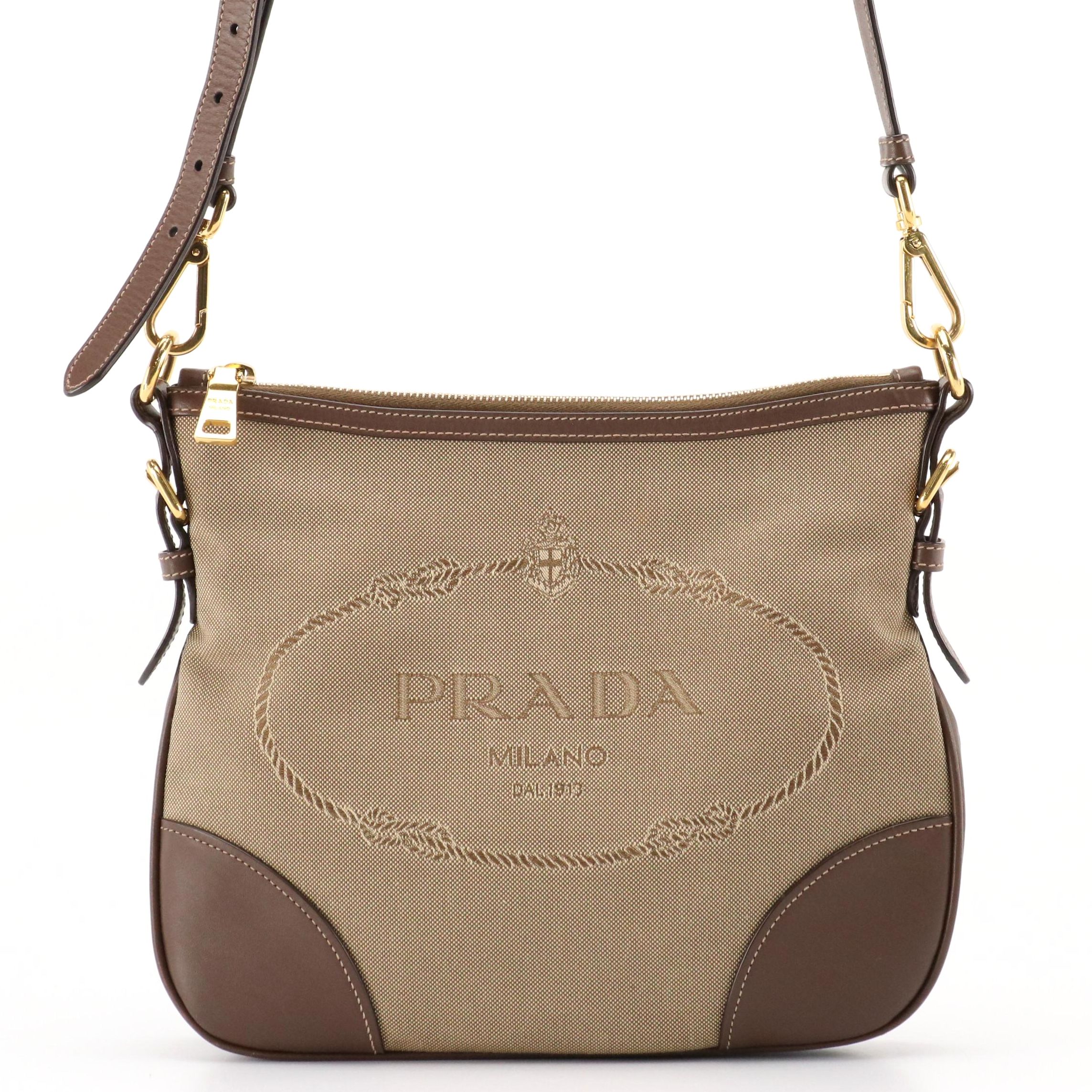 Prada Canapa Jacquard Canvas Crossbody Bag with Leather Trim
