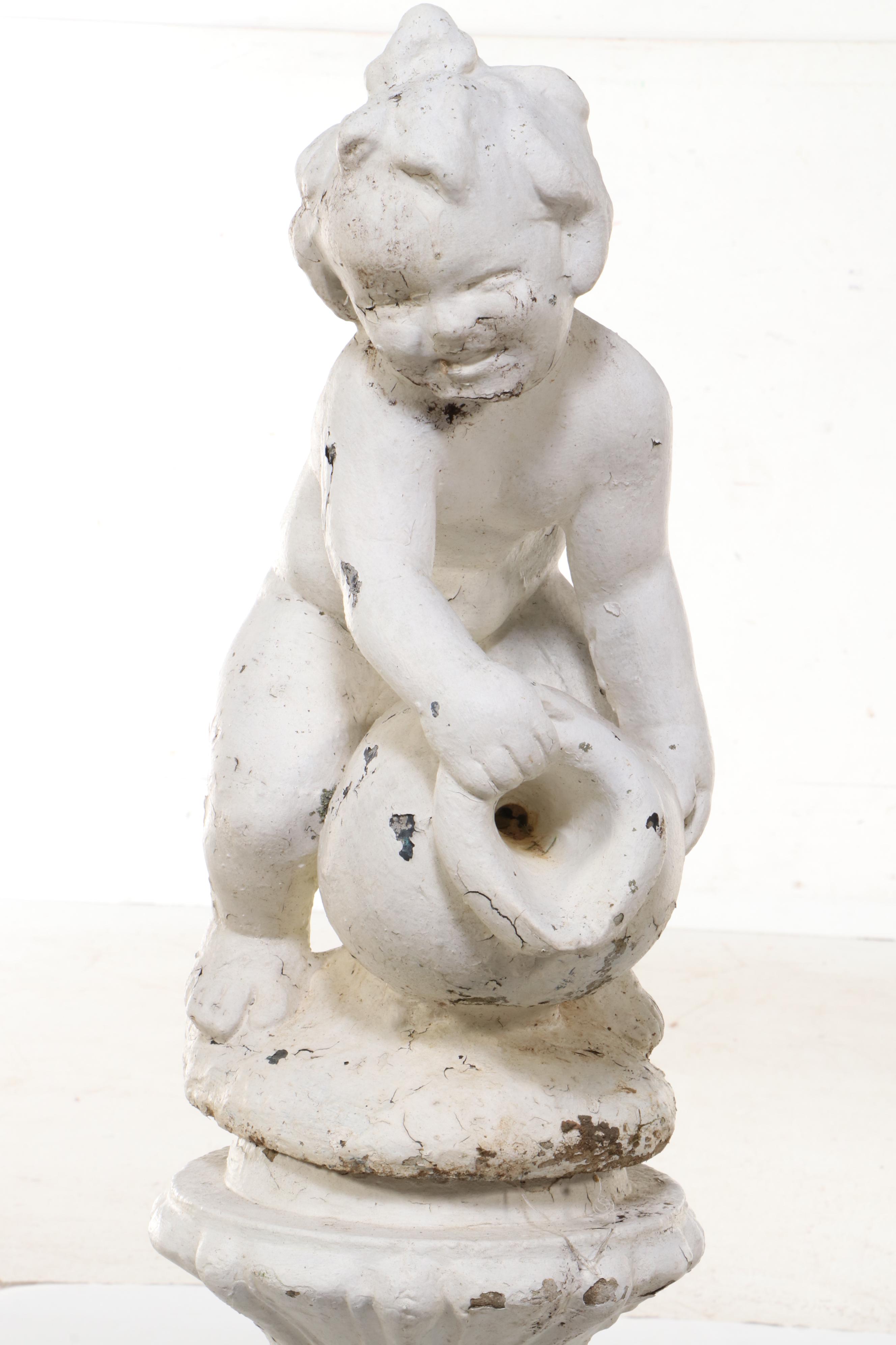 White-Painted Cast Concrete Putto with Amphora Garden Fountain