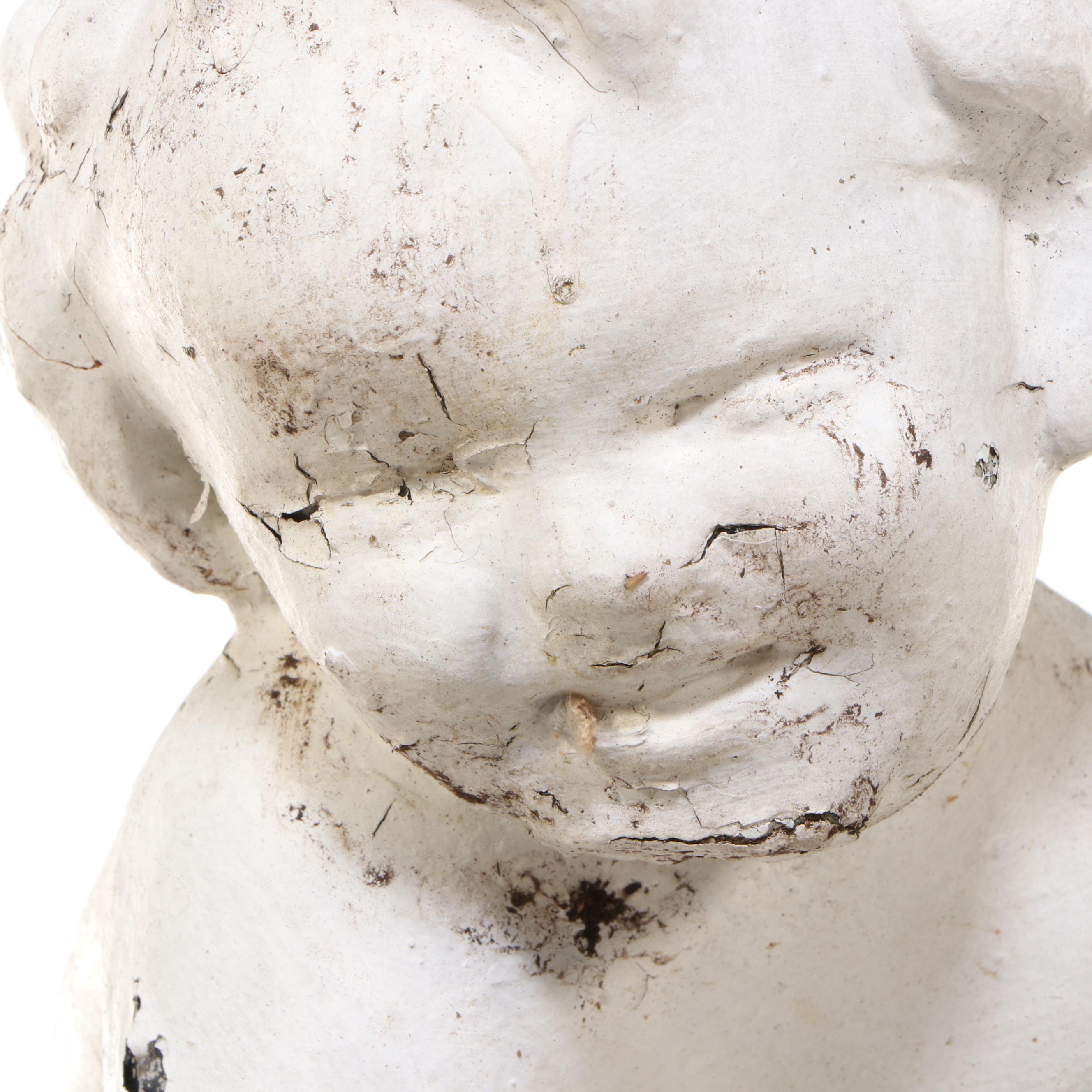 White-Painted Cast Concrete Putto with Amphora Garden Fountain