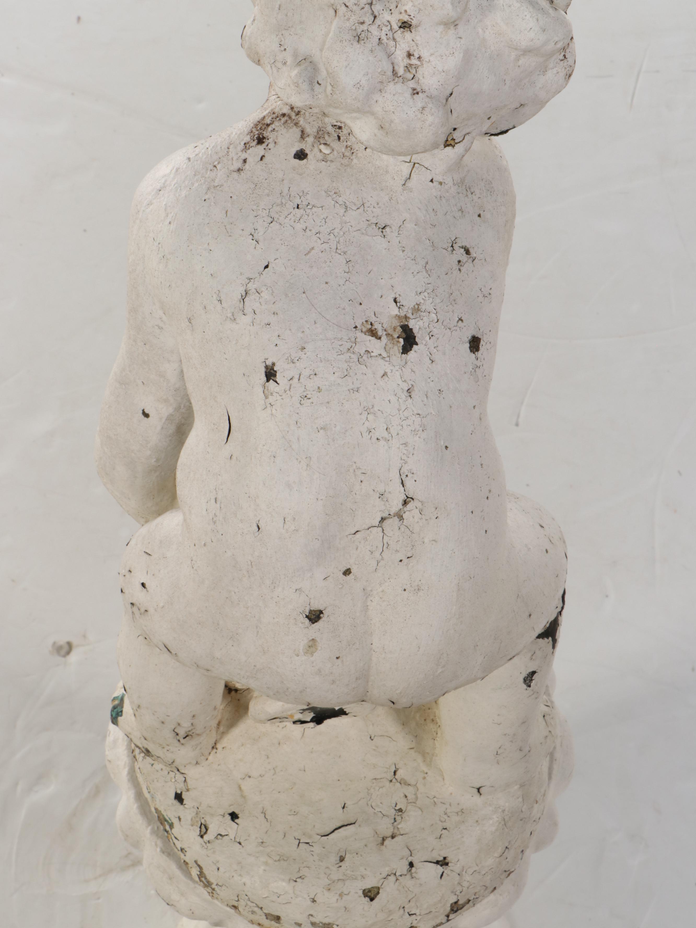 White-Painted Cast Concrete Putto with Amphora Garden Fountain