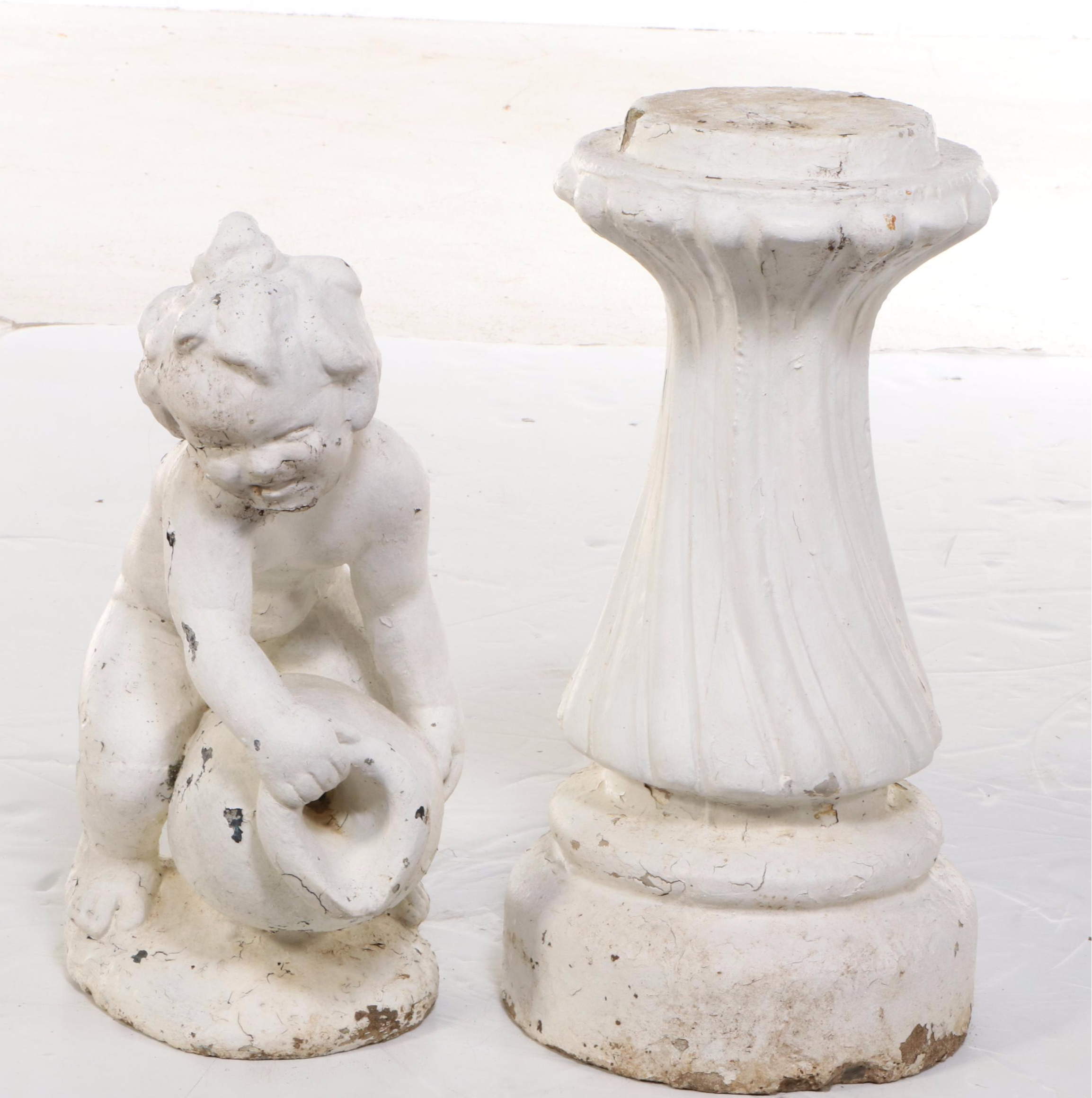 White-Painted Cast Concrete Putto with Amphora Garden Fountain