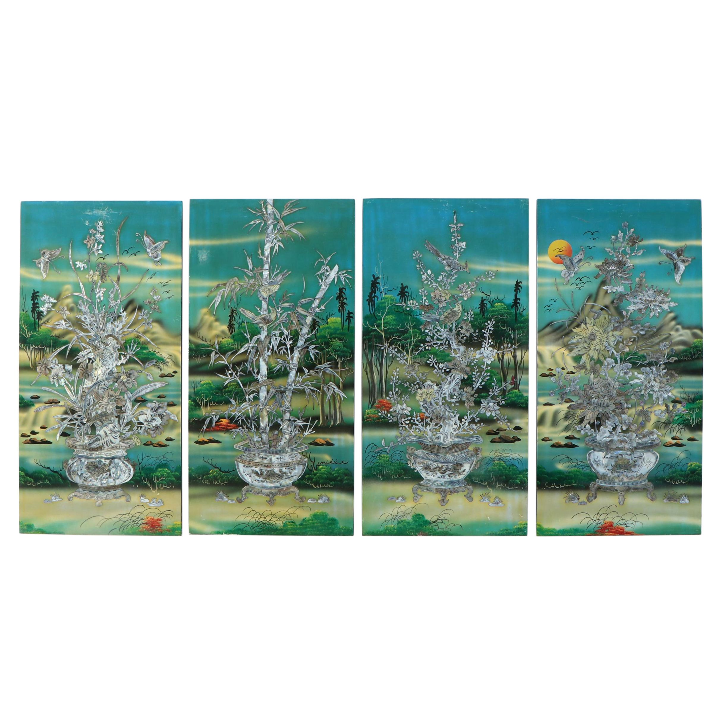 Chinese Wall Lacquerware Plaques with Abalone Shell Inlay