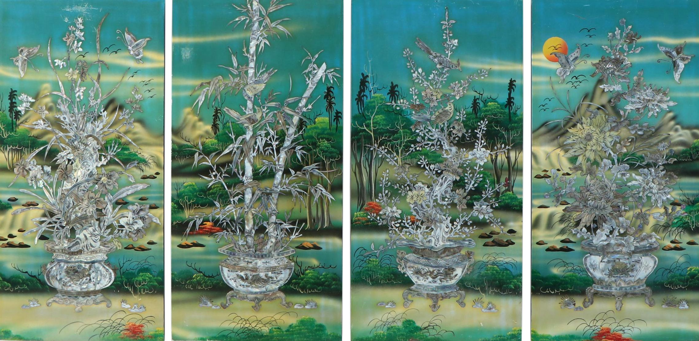 Chinese Wall Lacquerware Plaques with Abalone Shell Inlay