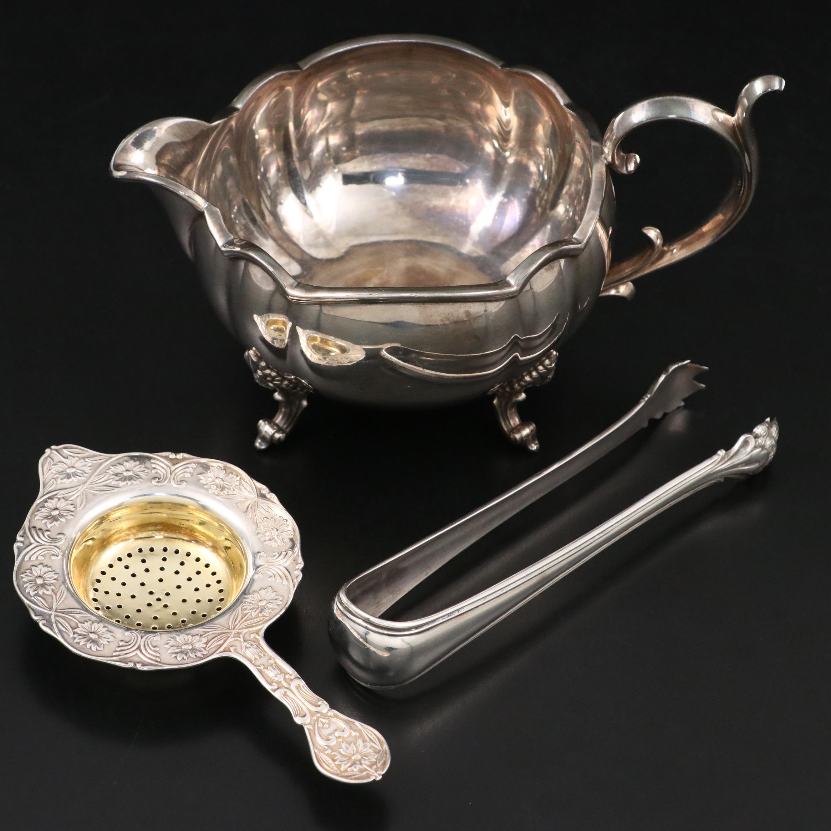 Vintage Silver Plate Christofle Tongs, Reed & Barton Gravy Boat & Tea Strainer
