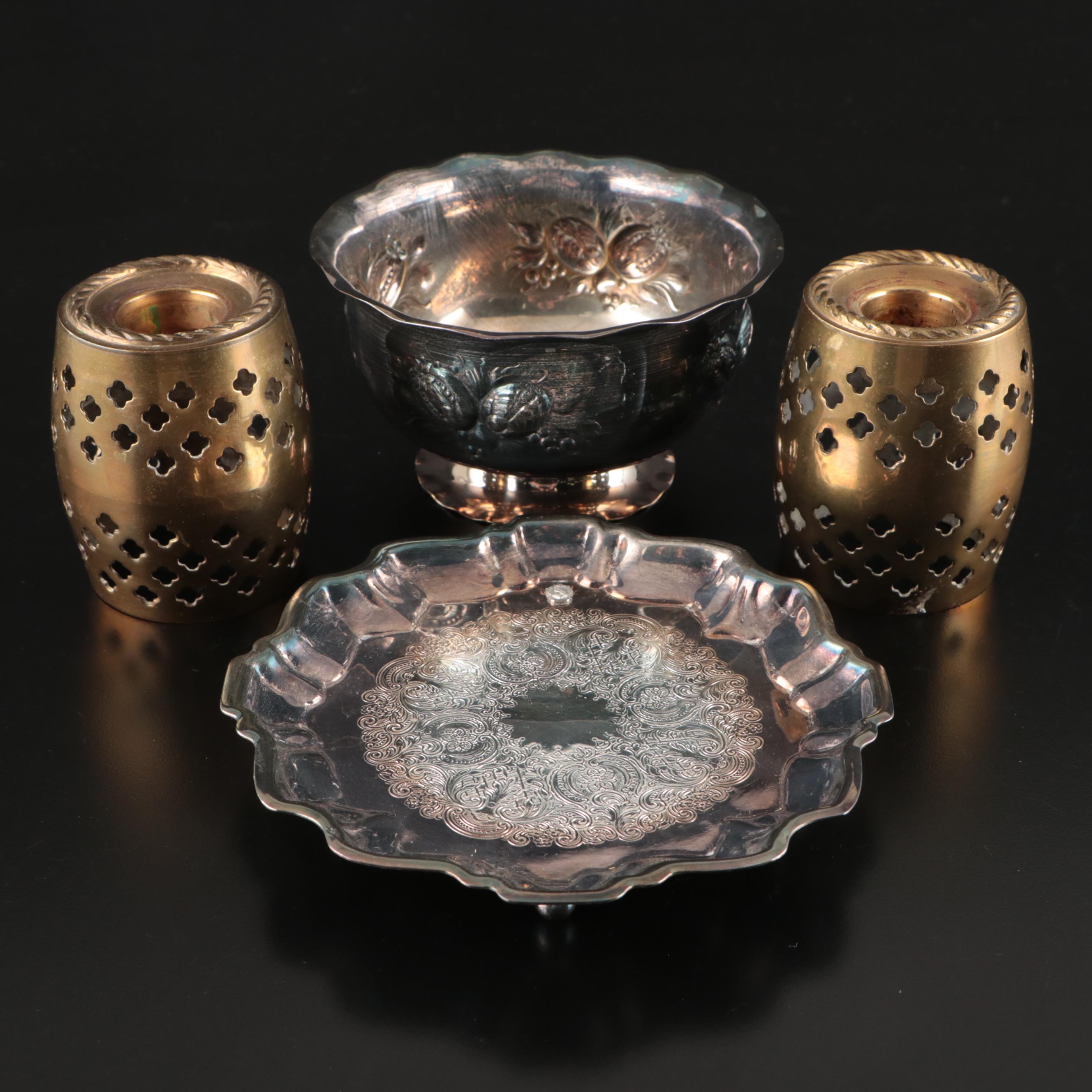 Wallace Silver Plate Plate, Prima Silver Plate Bowl, and Bronze Candle Holders
