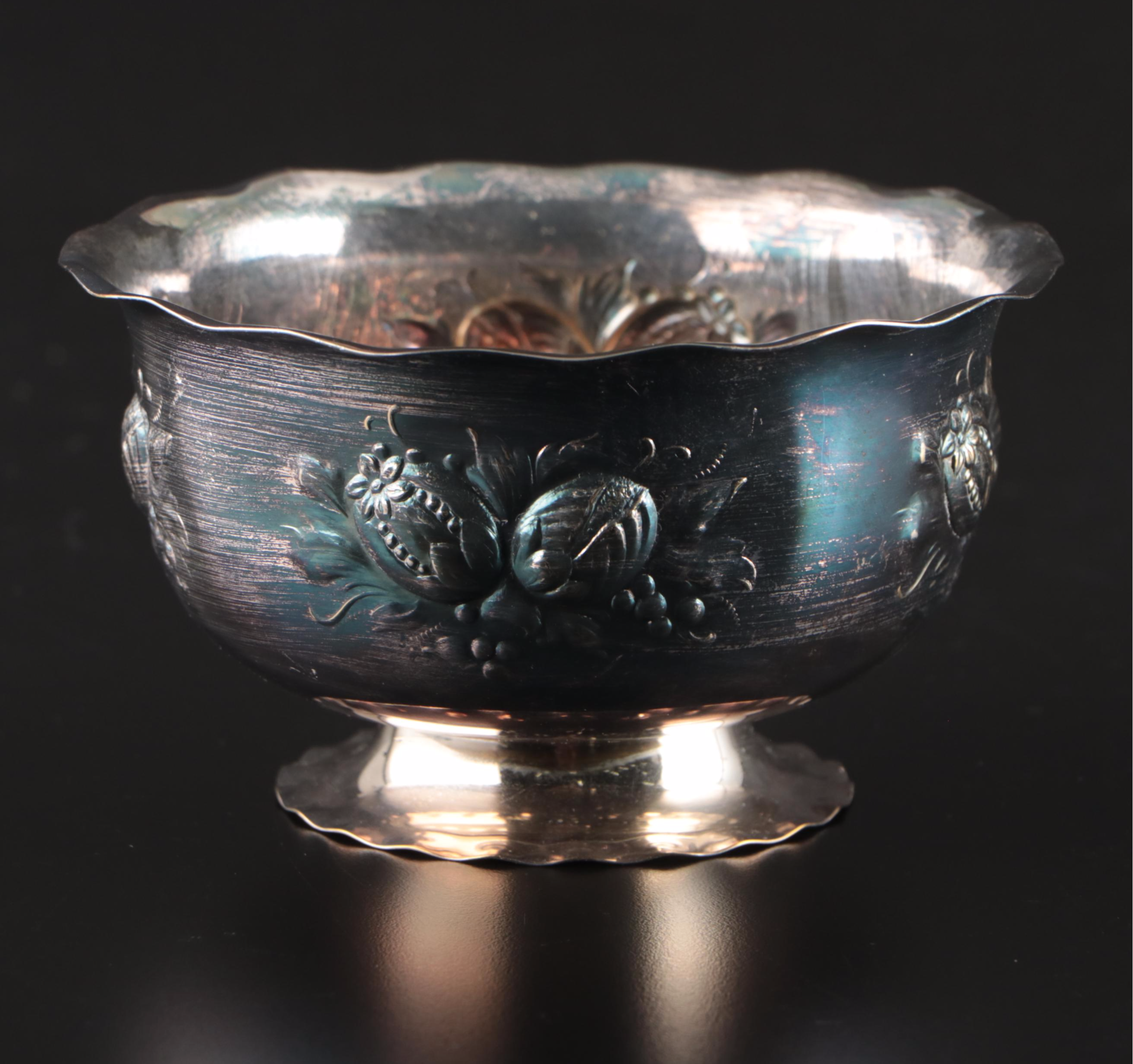 Wallace Silver Plate Plate, Prima Silver Plate Bowl, and Bronze Candle Holders