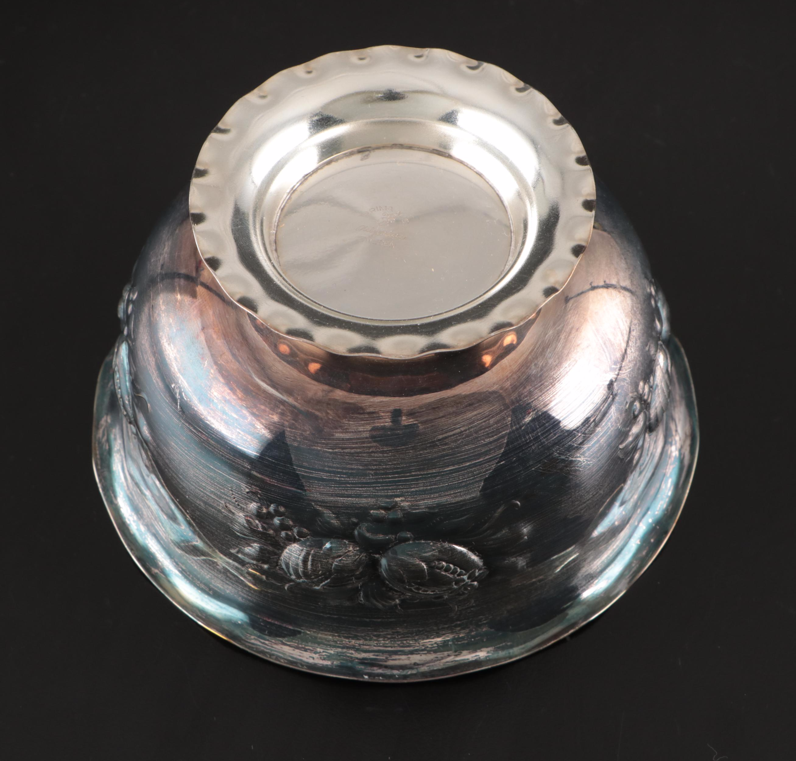 Wallace Silver Plate Plate, Prima Silver Plate Bowl, and Bronze Candle Holders
