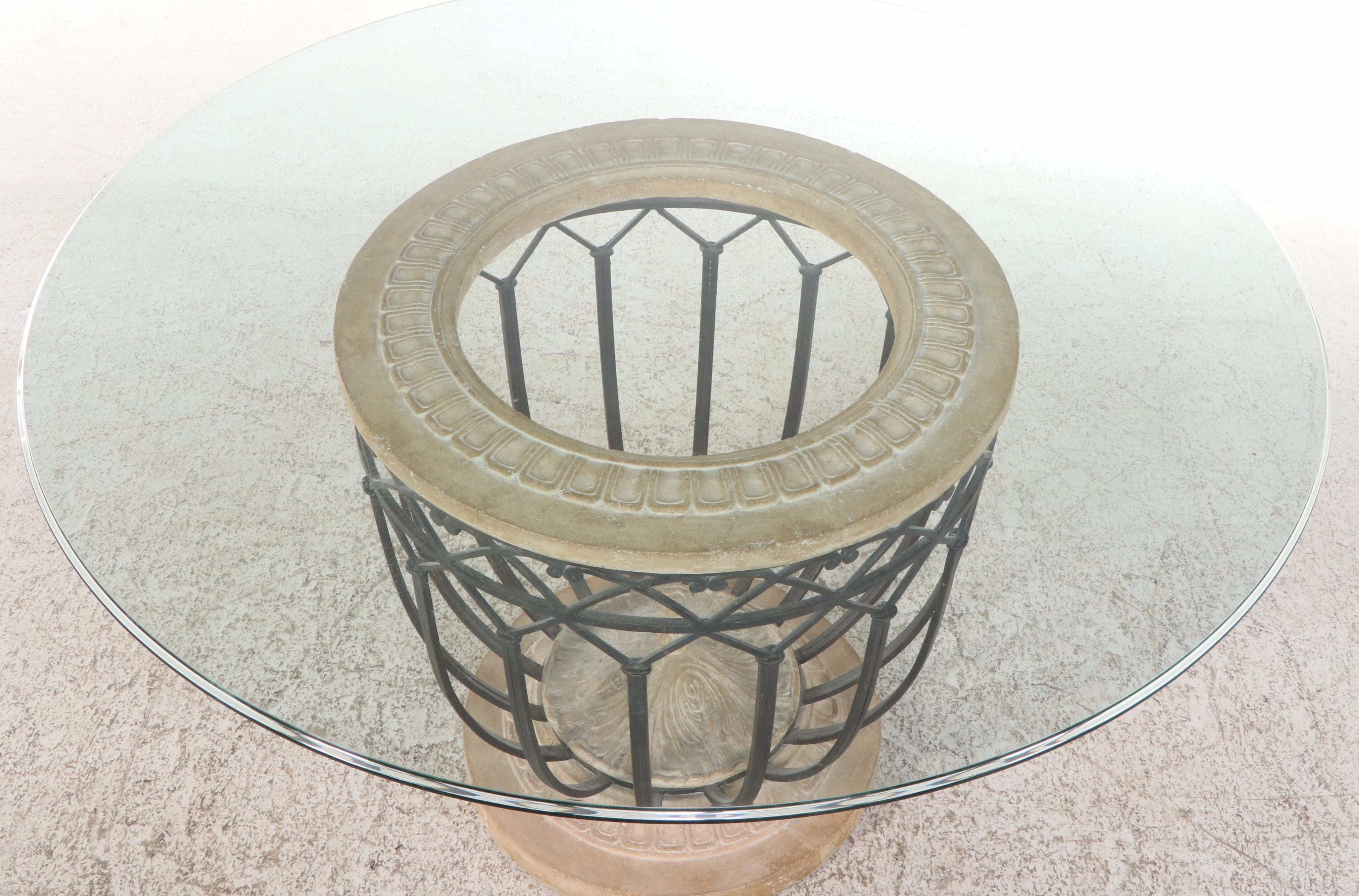 Neoclassical Style Wrought Iron and Plaster Dining Table with Glass Top