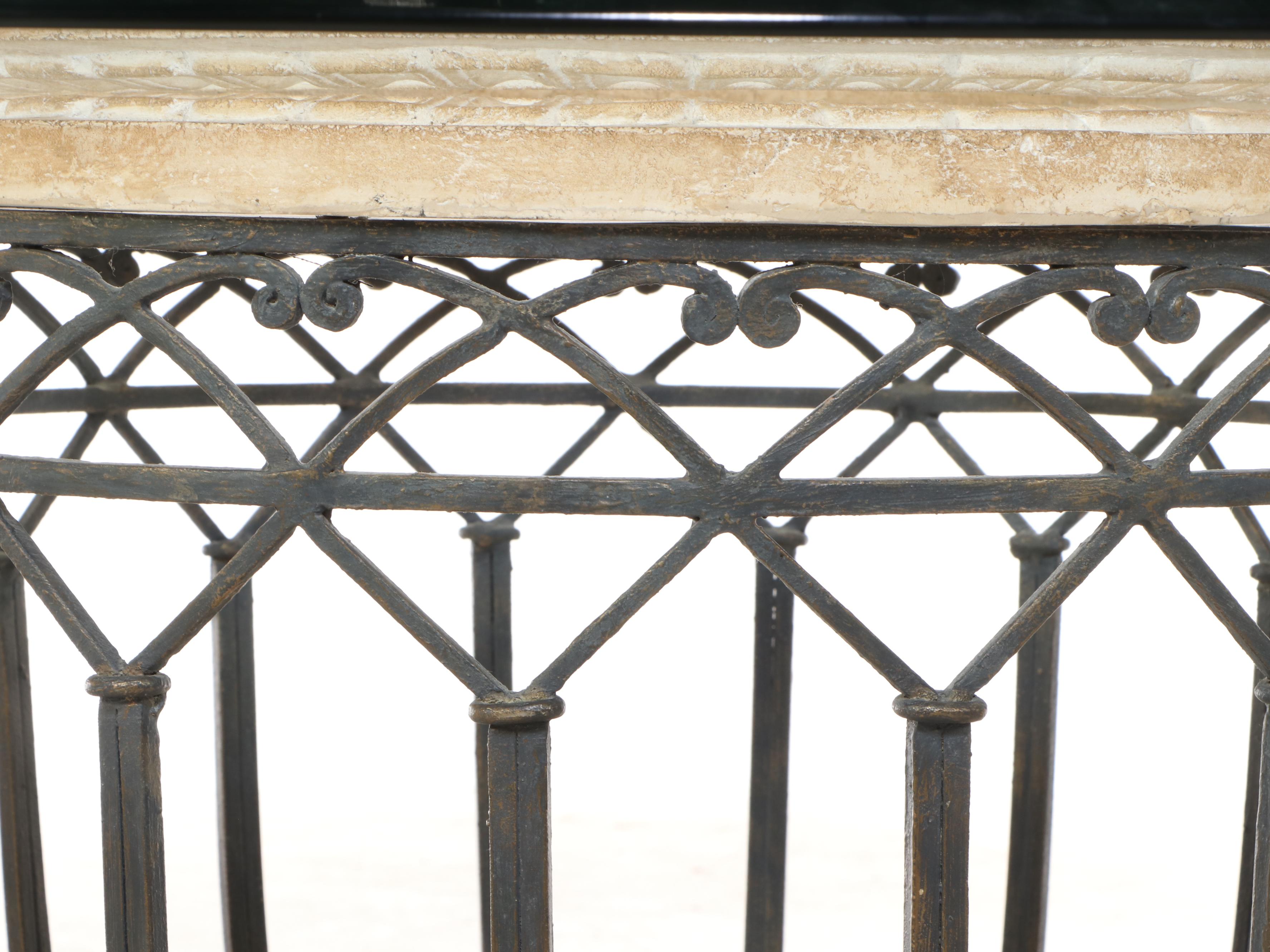Neoclassical Style Wrought Iron and Plaster Dining Table with Glass Top