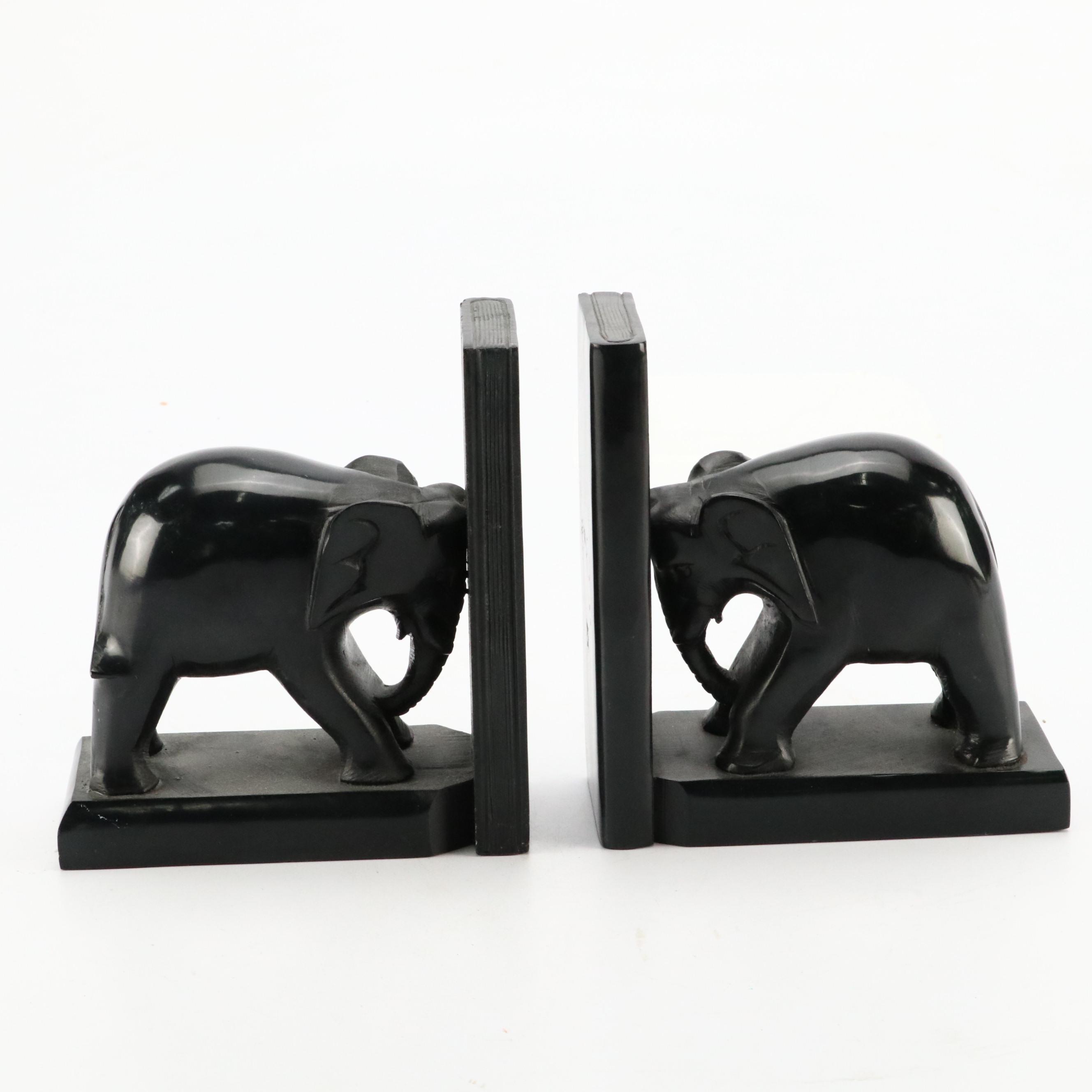 Carved and Polished Black Stone Elephant Bookends