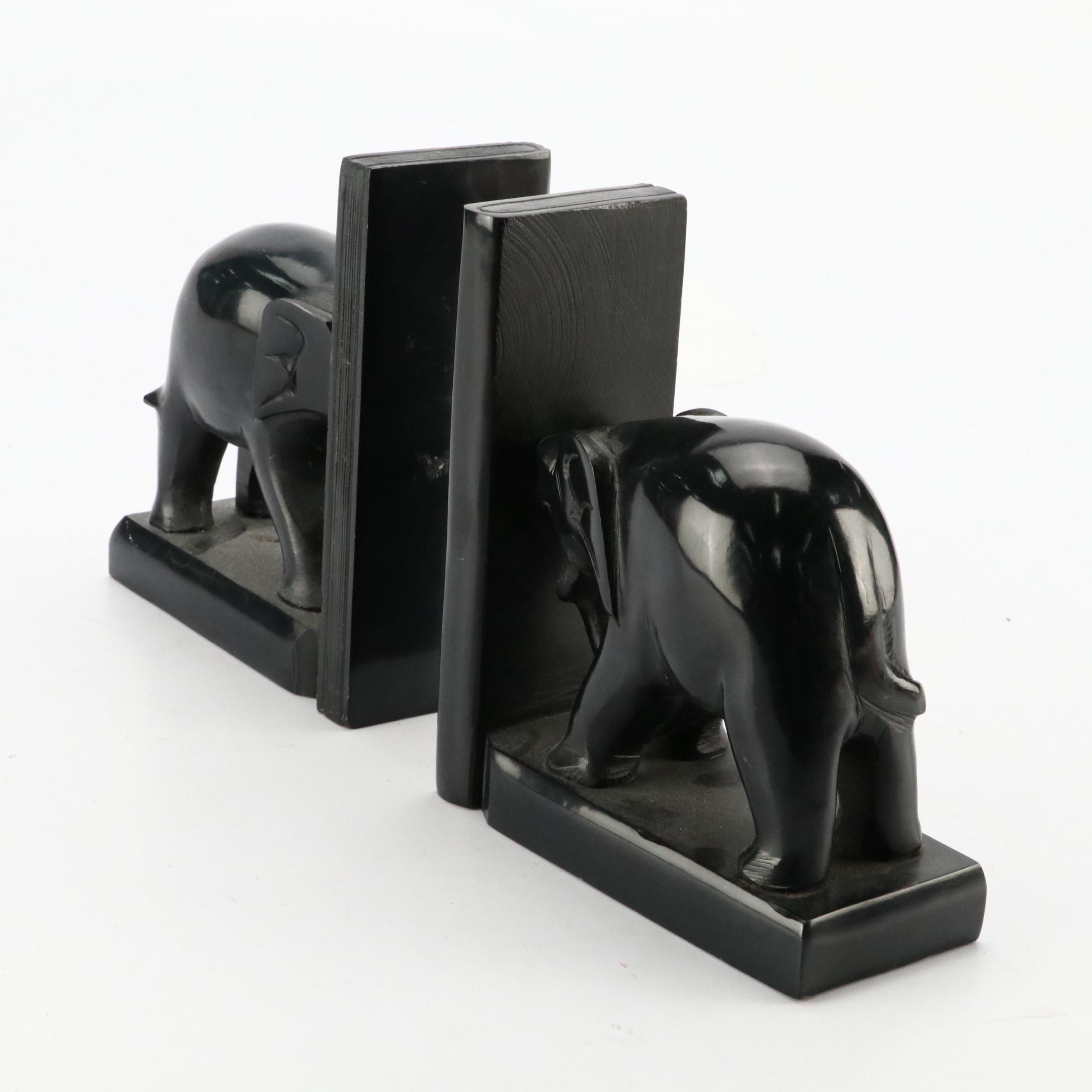Carved and Polished Black Stone Elephant Bookends