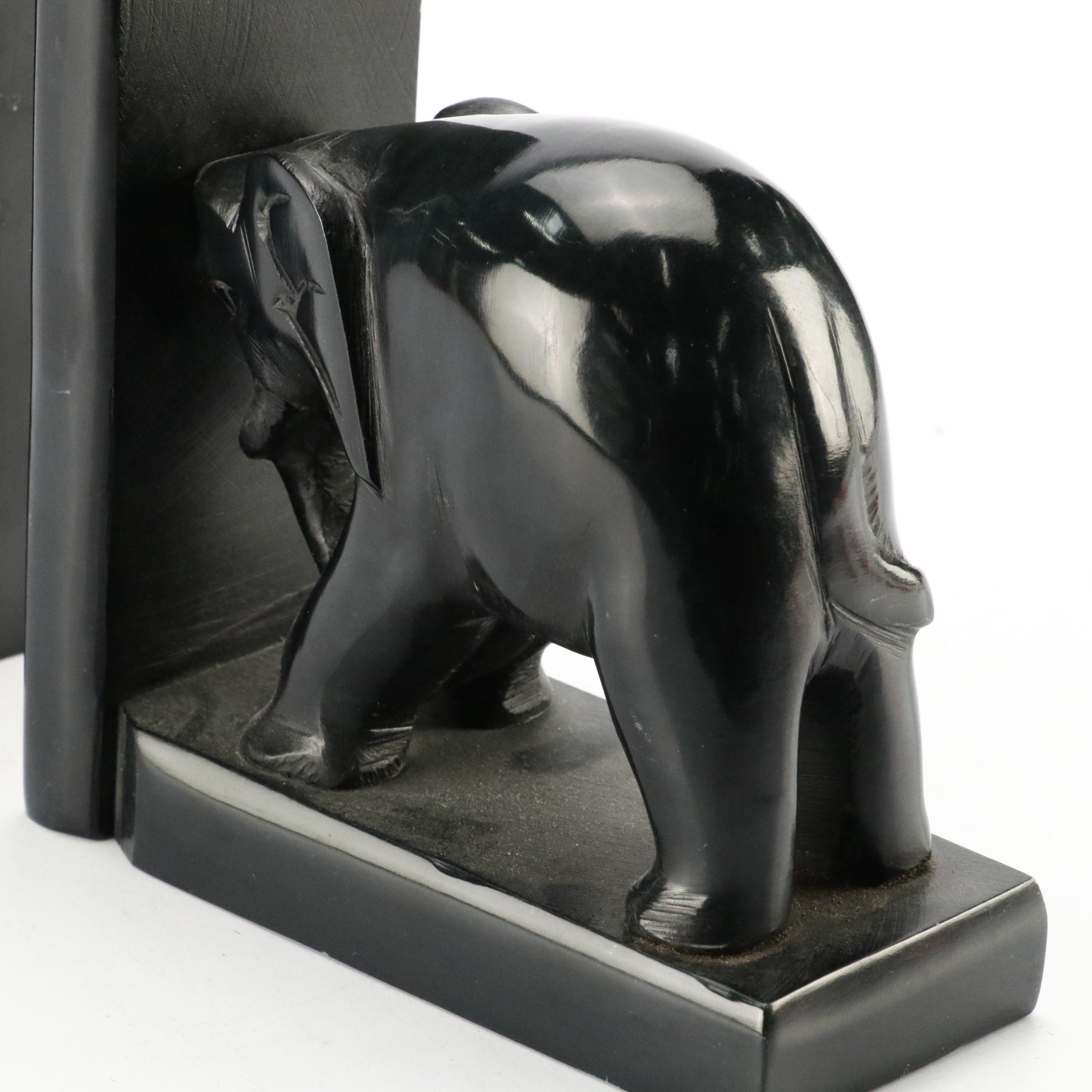 Carved and Polished Black Stone Elephant Bookends