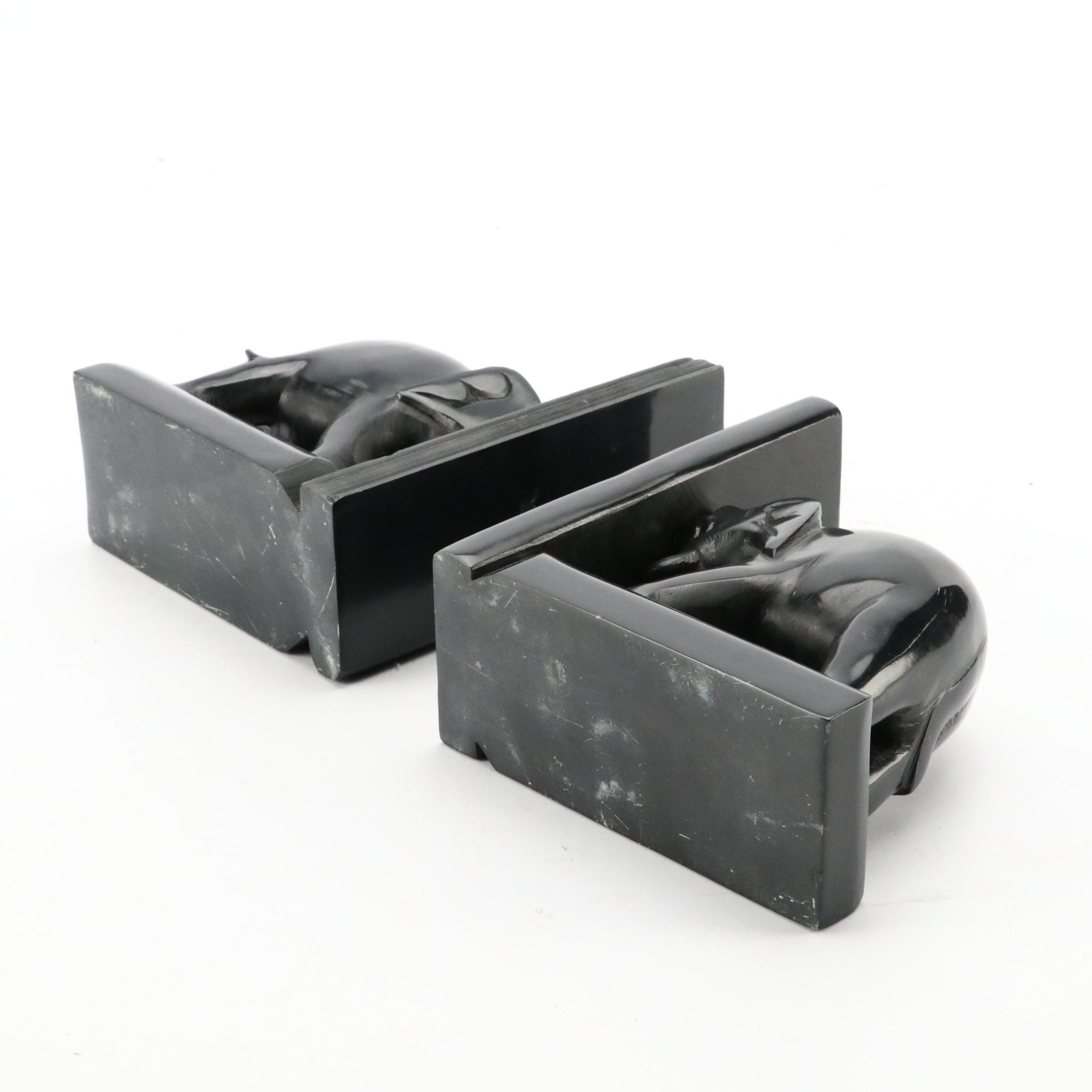Carved and Polished Black Stone Elephant Bookends