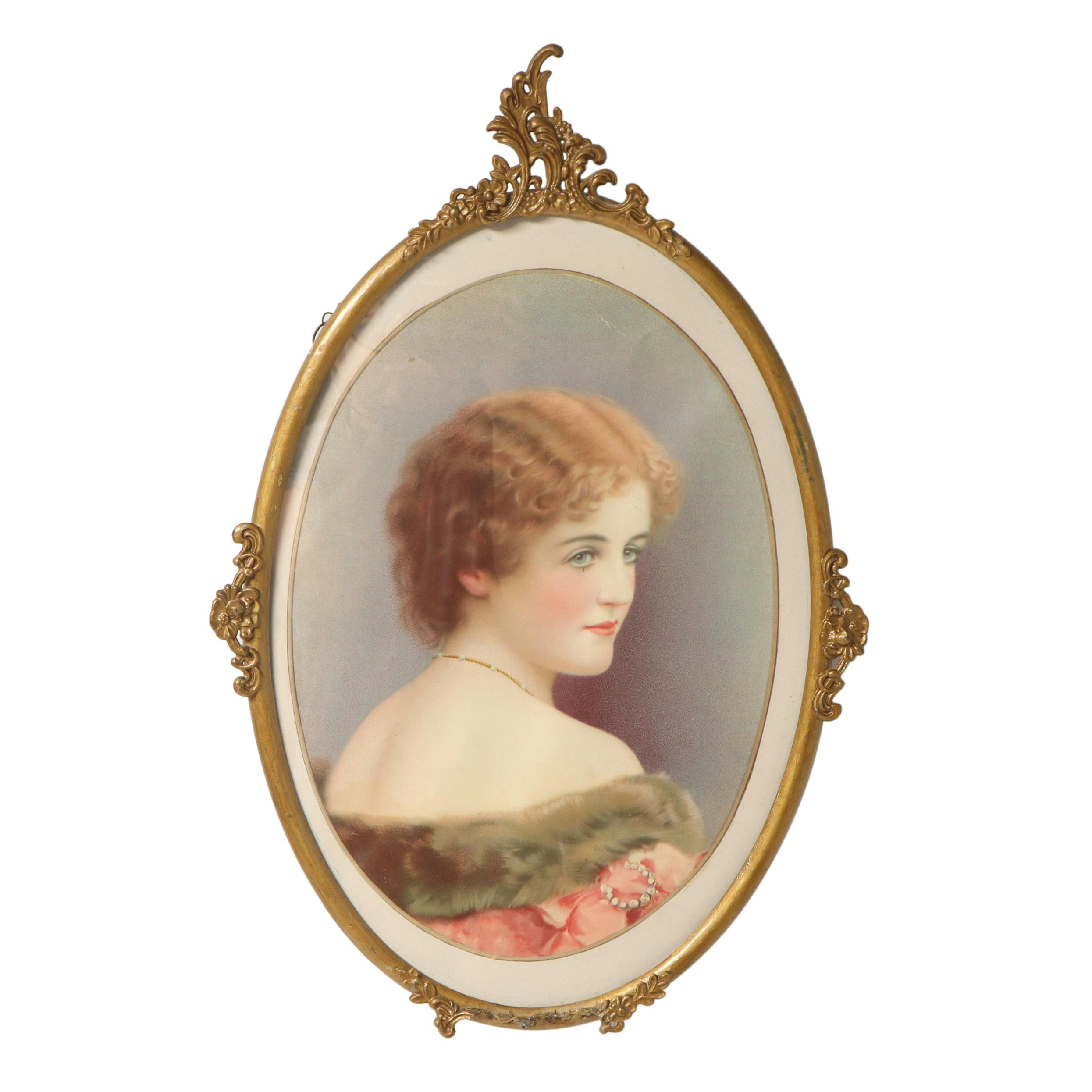 Chromolithograph with Victorian Portrait of Young Woman in Oval Frame