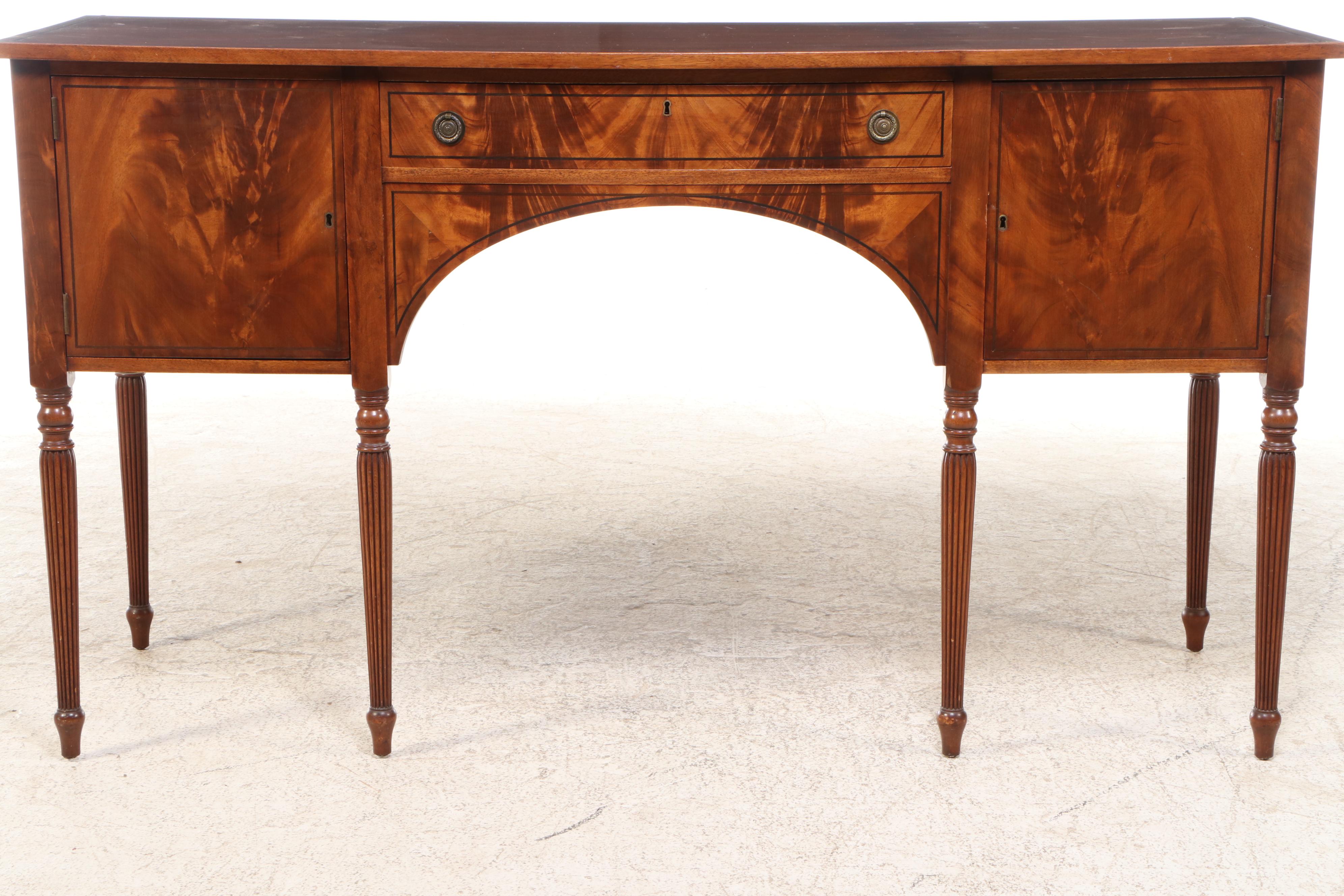 Sheraton Style Burl Wood and Mahogany Sideboard, Mid-20th Century