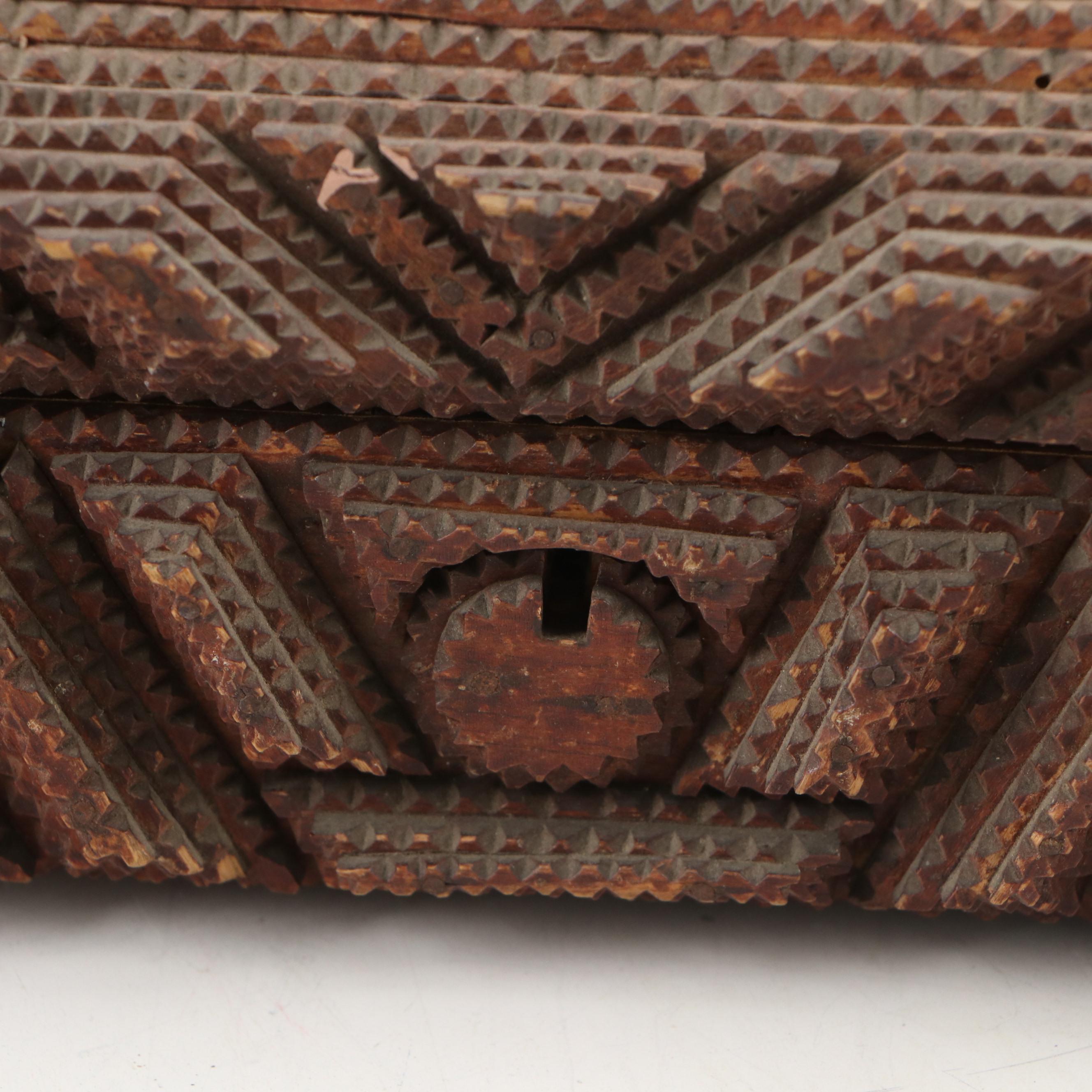 Chip-Carved Tramp Art Velvet Lined Jewelry Box, Early 20th Century