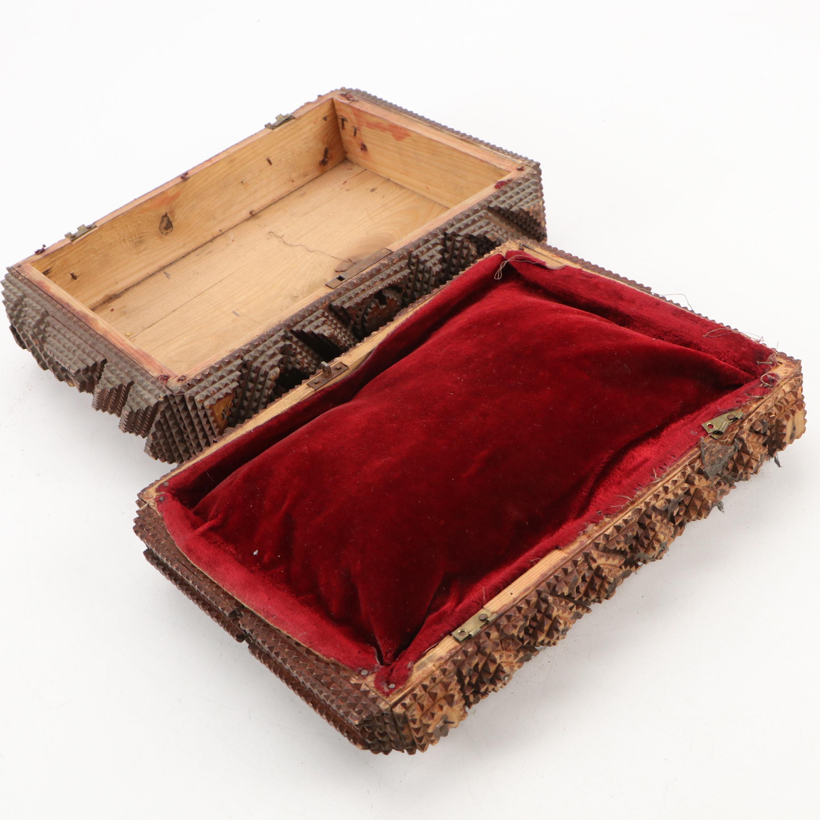 Chip-Carved Tramp Art Velvet Lined Jewelry Box, Early 20th Century