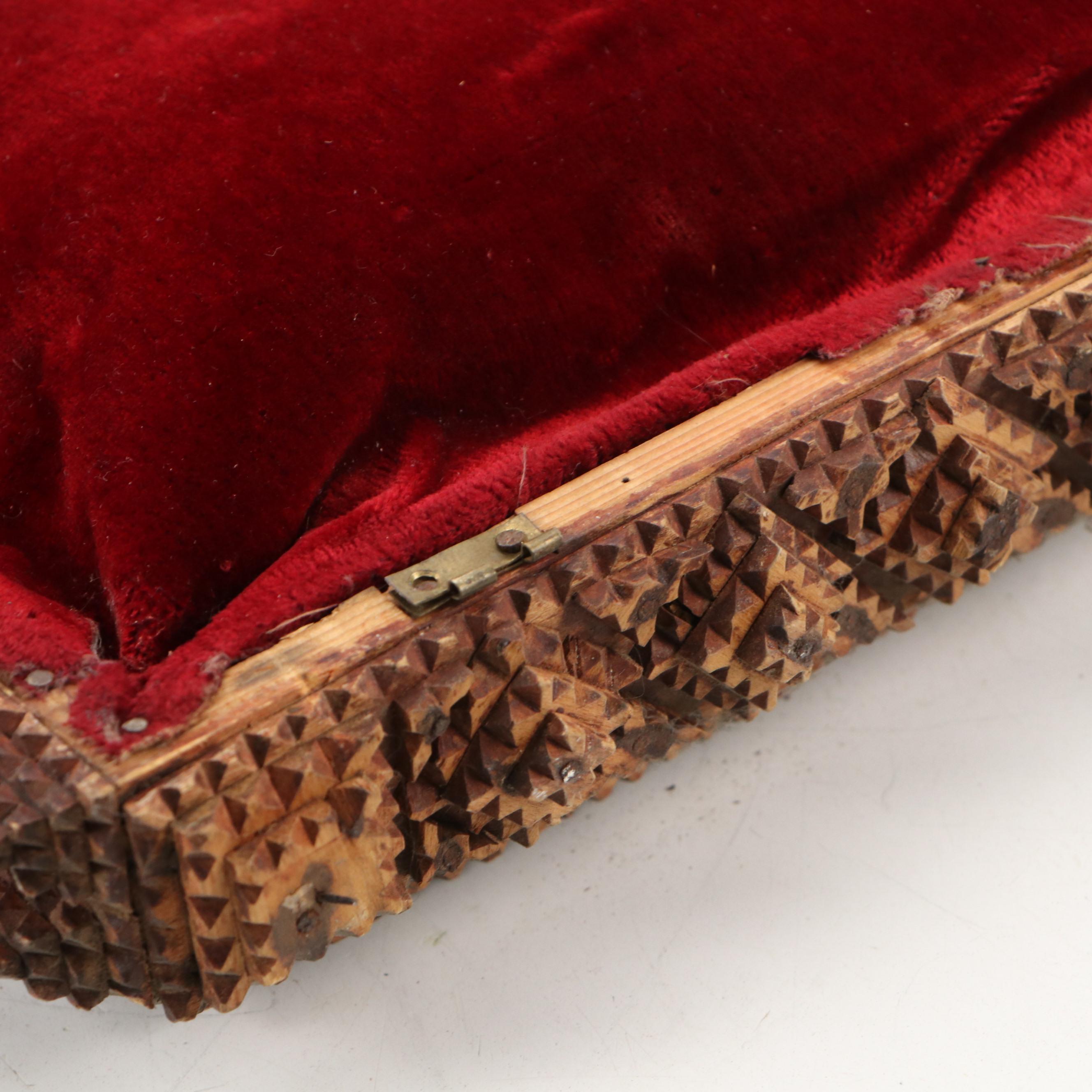 Chip-Carved Tramp Art Velvet Lined Jewelry Box, Early 20th Century