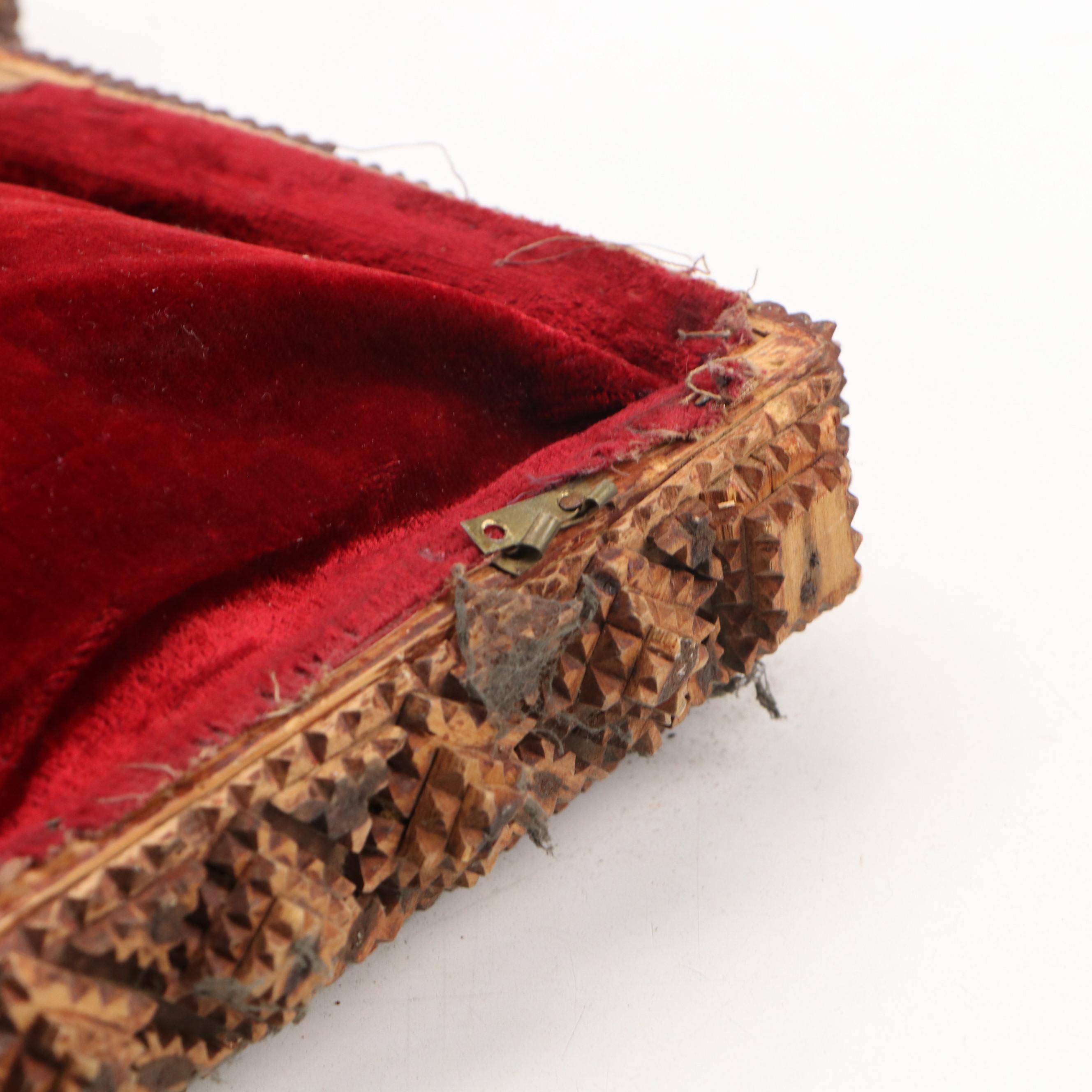 Chip-Carved Tramp Art Velvet Lined Jewelry Box, Early 20th Century