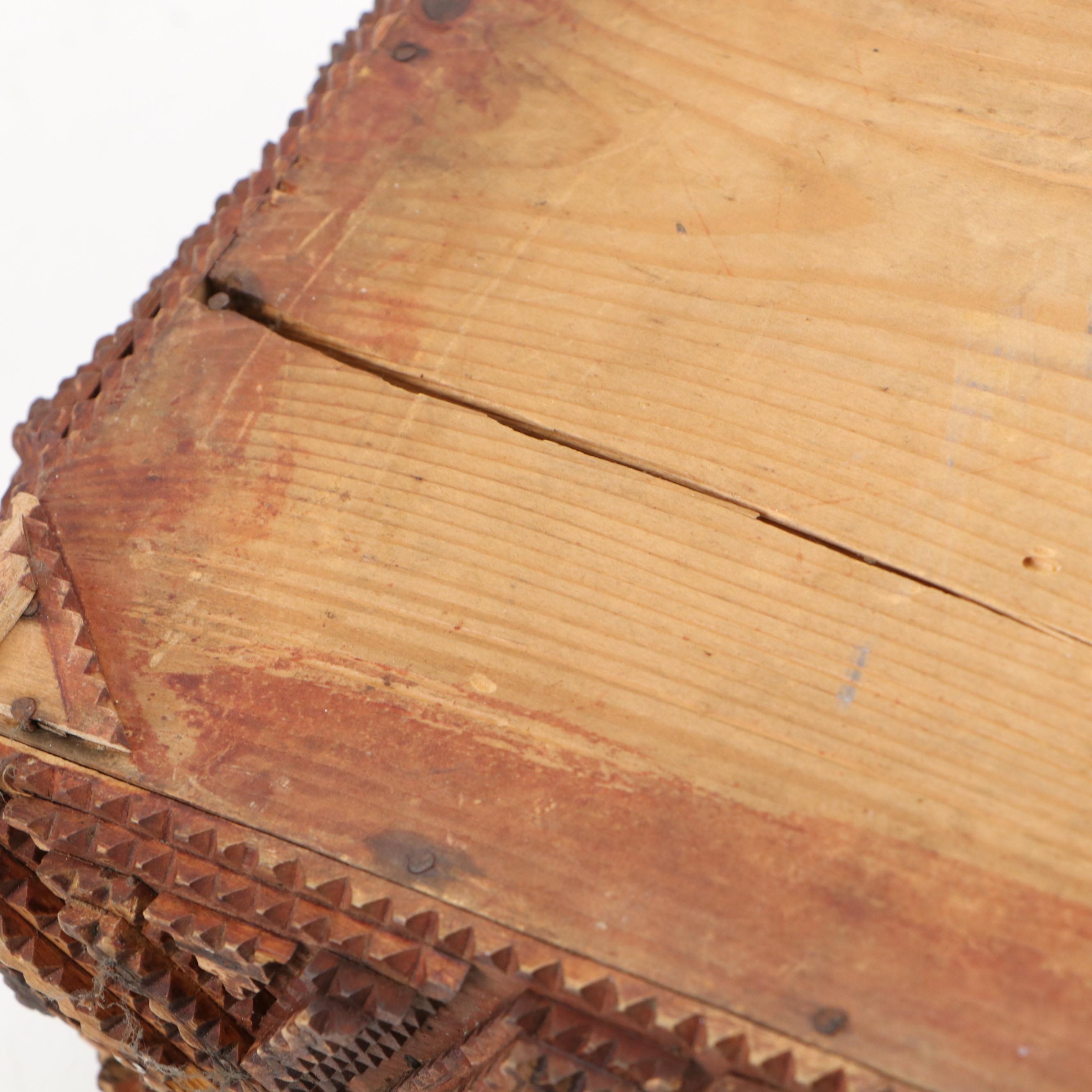 Chip-Carved Tramp Art Velvet Lined Jewelry Box, Early 20th Century