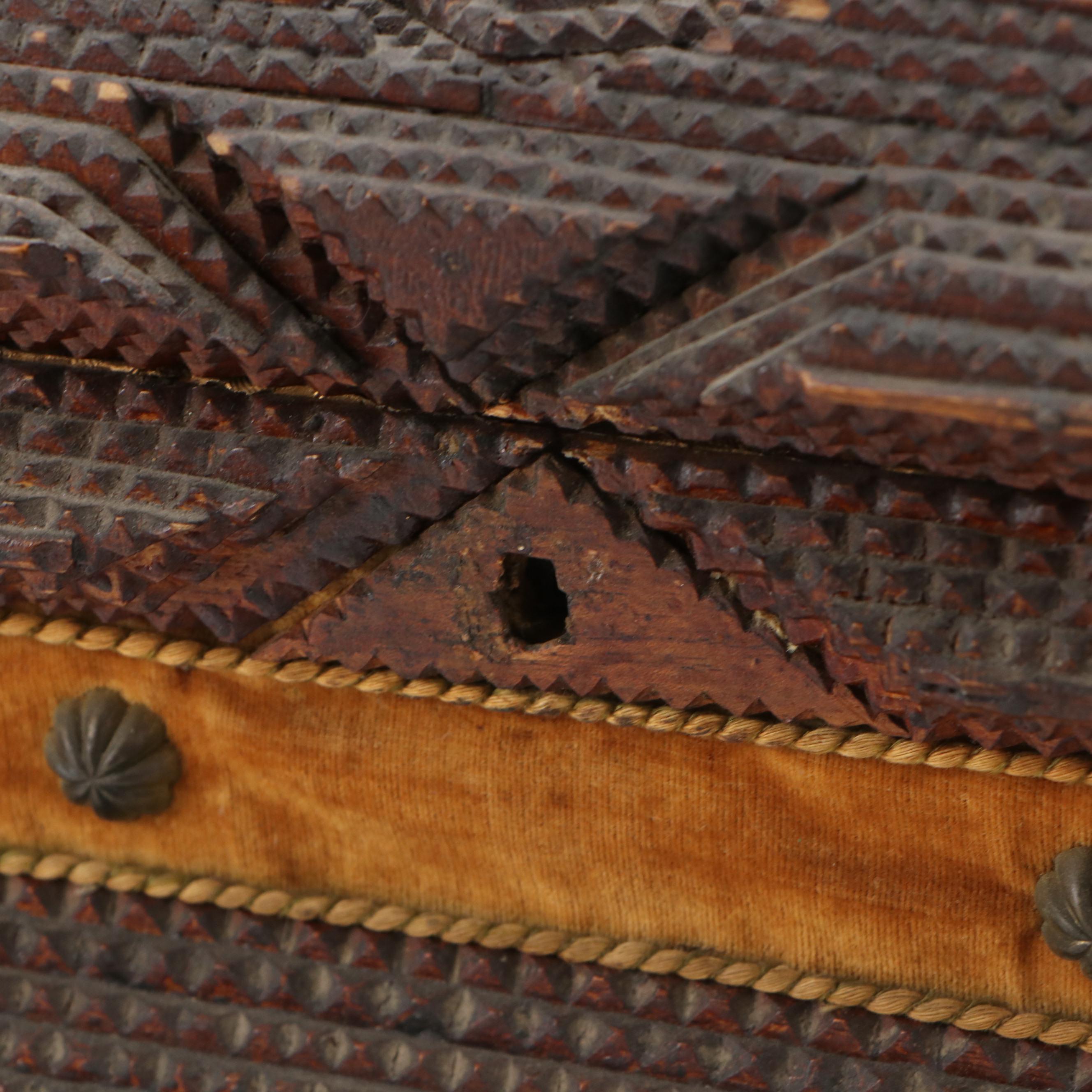 Chip-Carved Tramp Art Box with Brass Feet and Gilt Interior, Early 20th Century