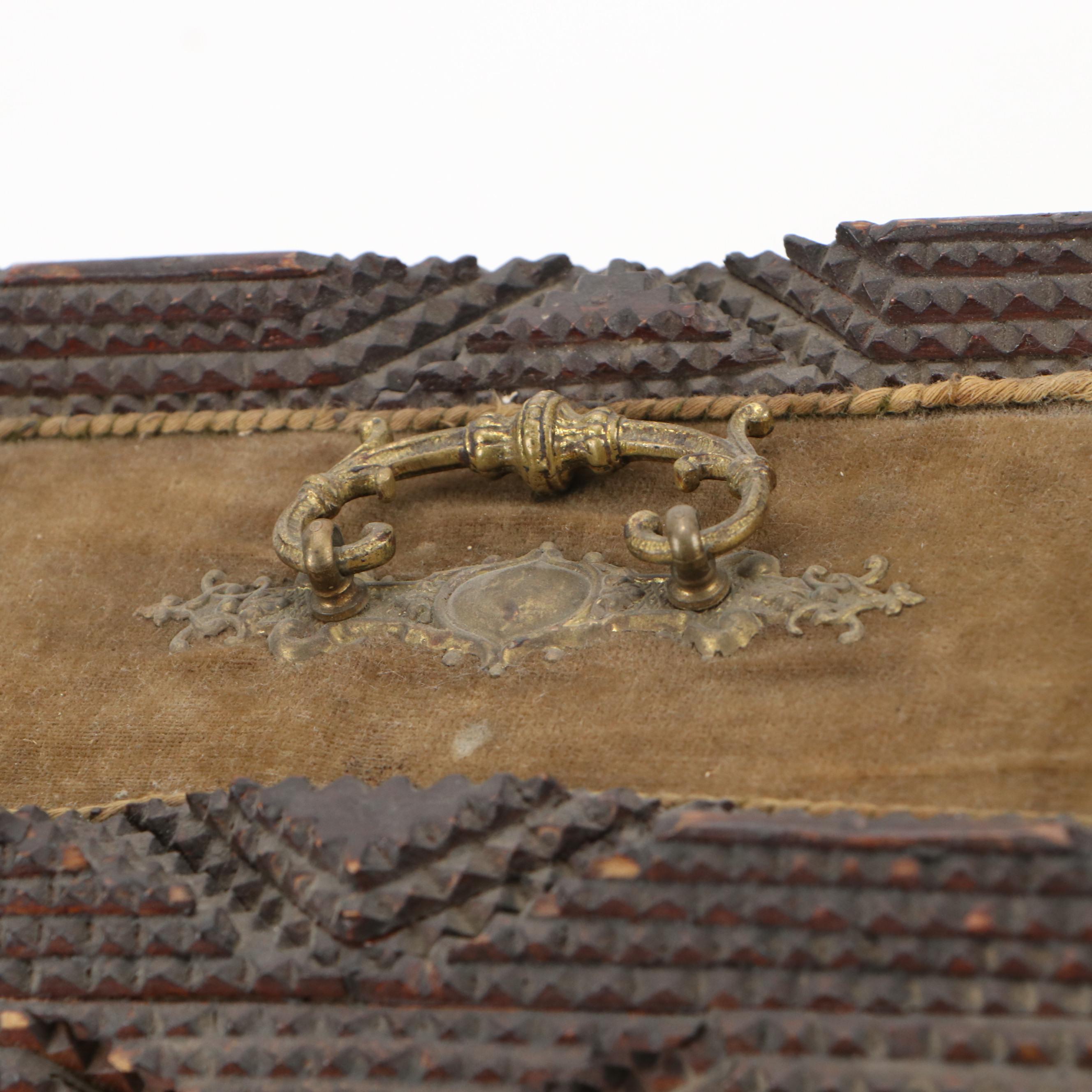 Chip-Carved Tramp Art Box with Brass Feet and Gilt Interior, Early 20th Century