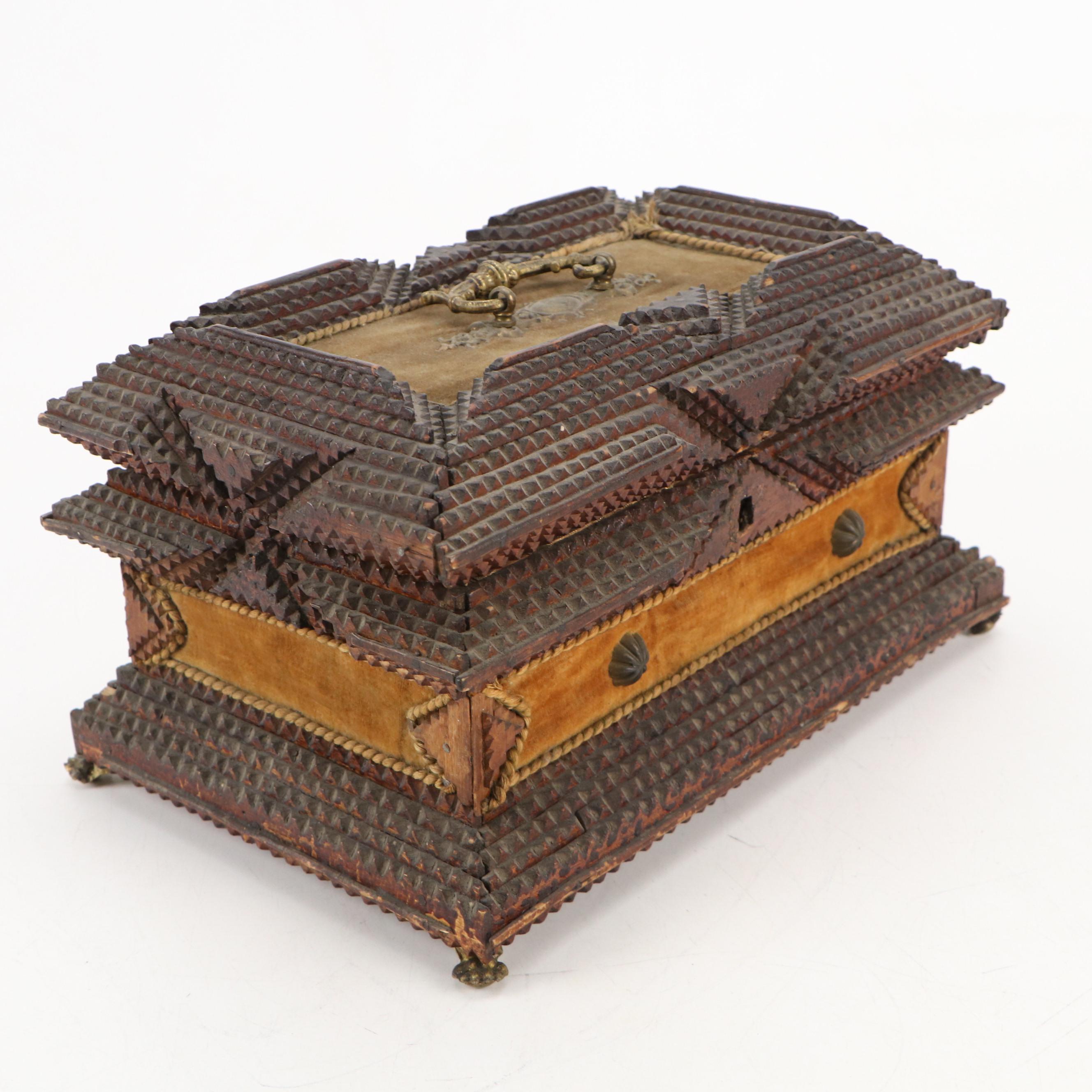 Chip-Carved Tramp Art Box with Brass Feet and Gilt Interior, Early 20th Century