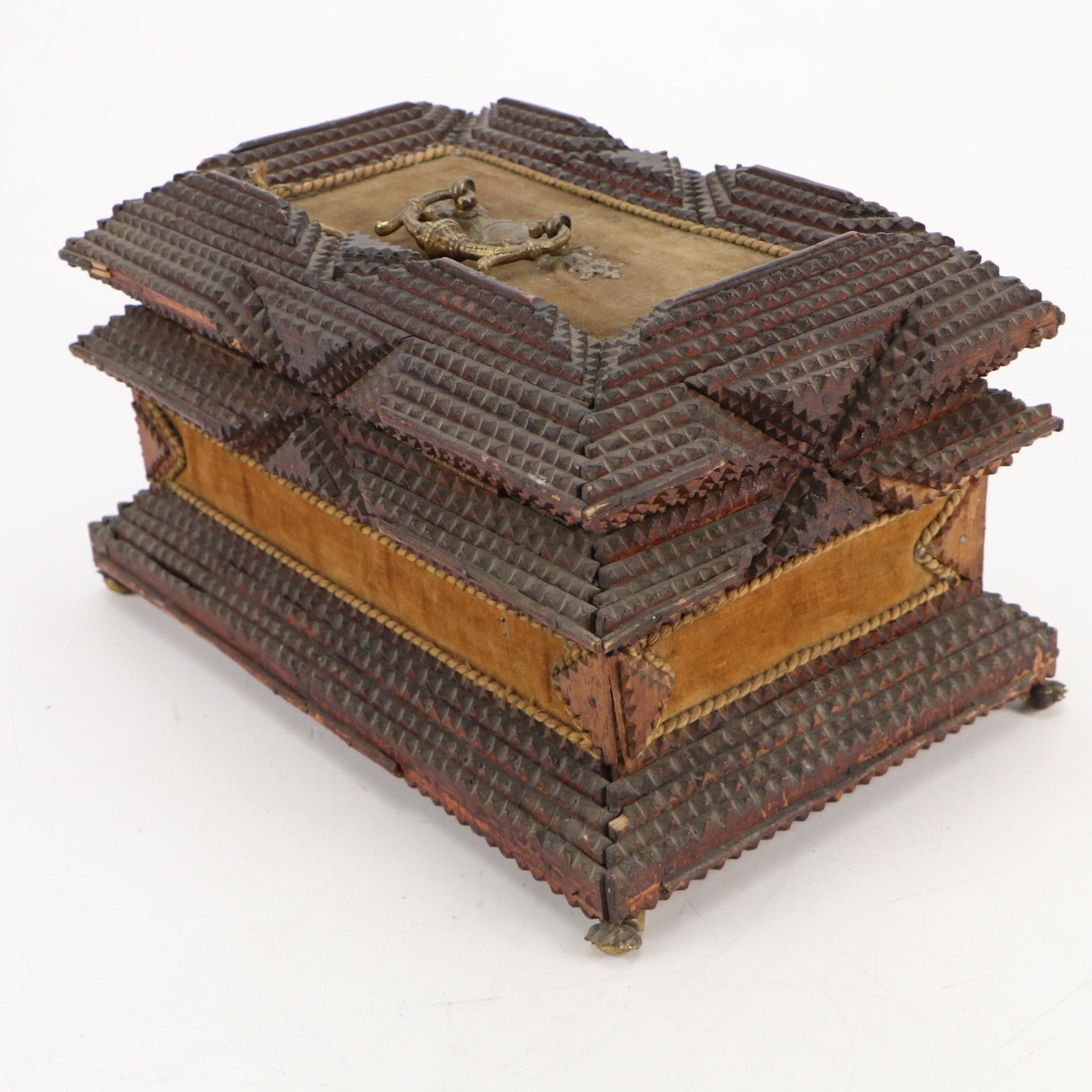 Chip-Carved Tramp Art Box with Brass Feet and Gilt Interior, Early 20th Century