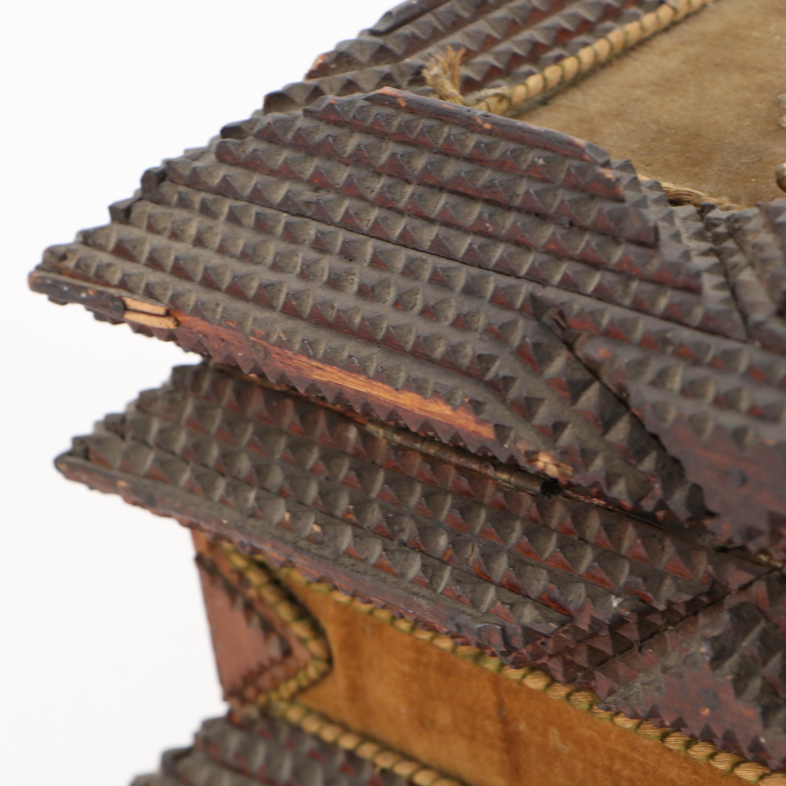 Chip-Carved Tramp Art Box with Brass Feet and Gilt Interior, Early 20th Century