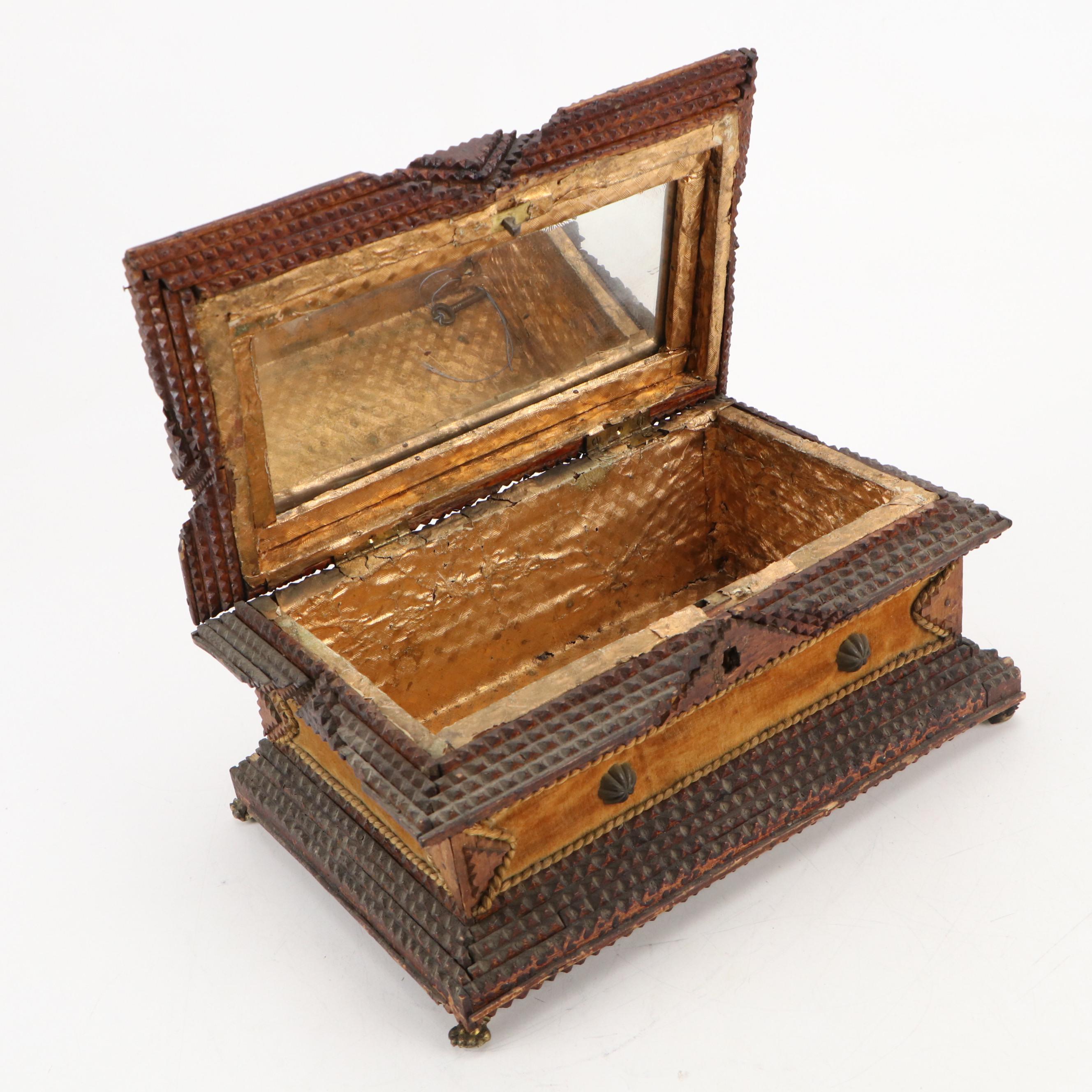 Chip-Carved Tramp Art Box with Brass Feet and Gilt Interior, Early 20th Century