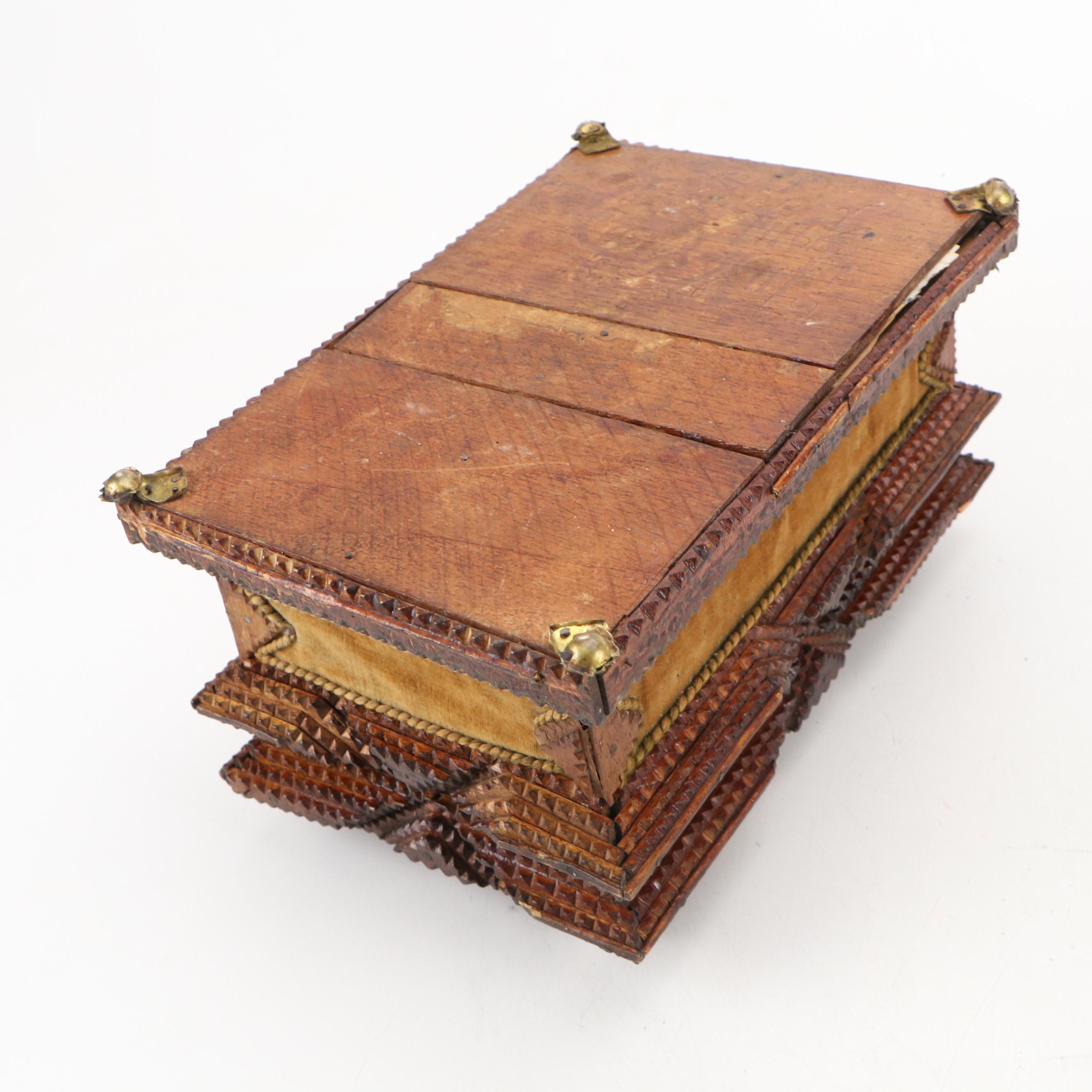 Chip-Carved Tramp Art Box with Brass Feet and Gilt Interior, Early 20th Century