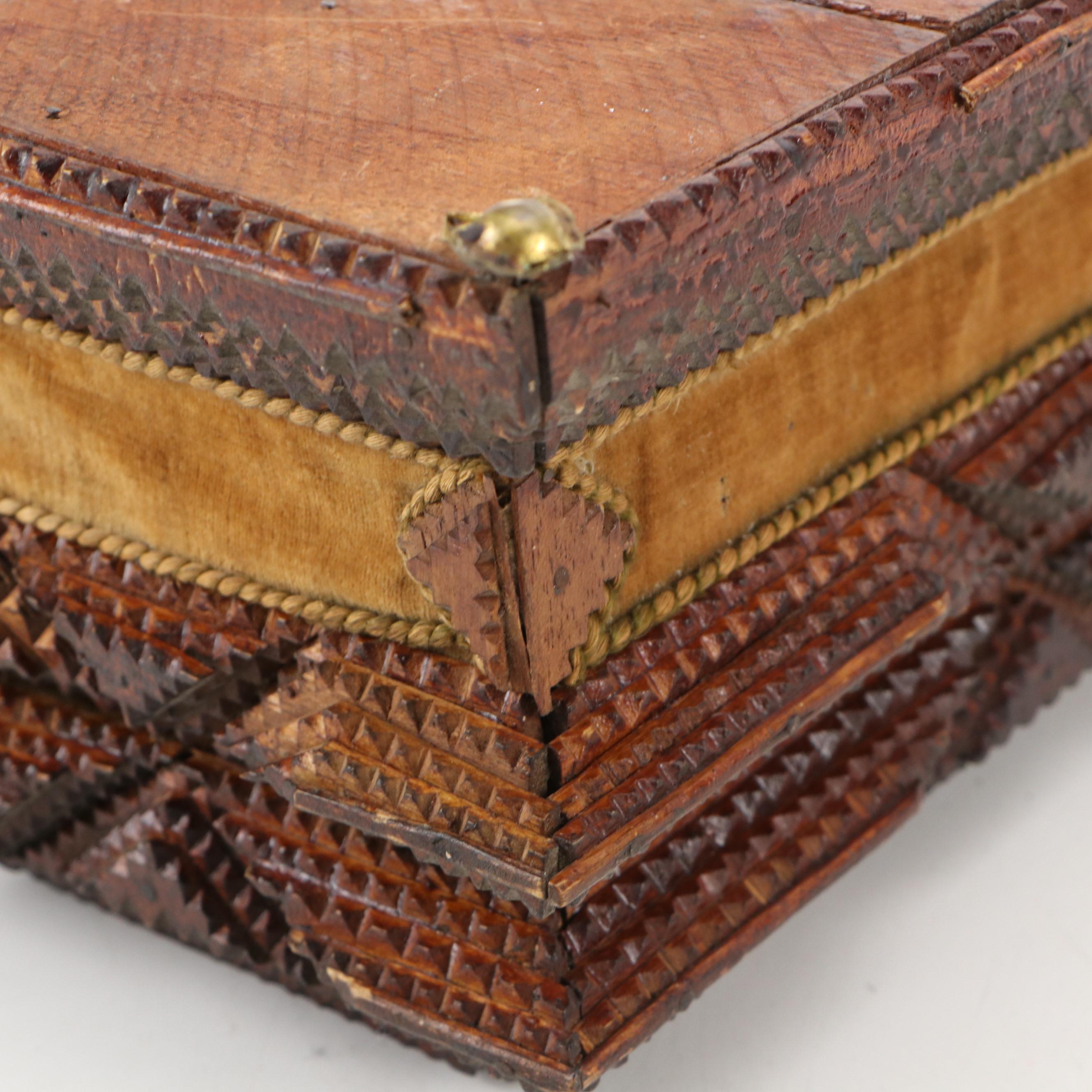 Chip-Carved Tramp Art Box with Brass Feet and Gilt Interior, Early 20th Century