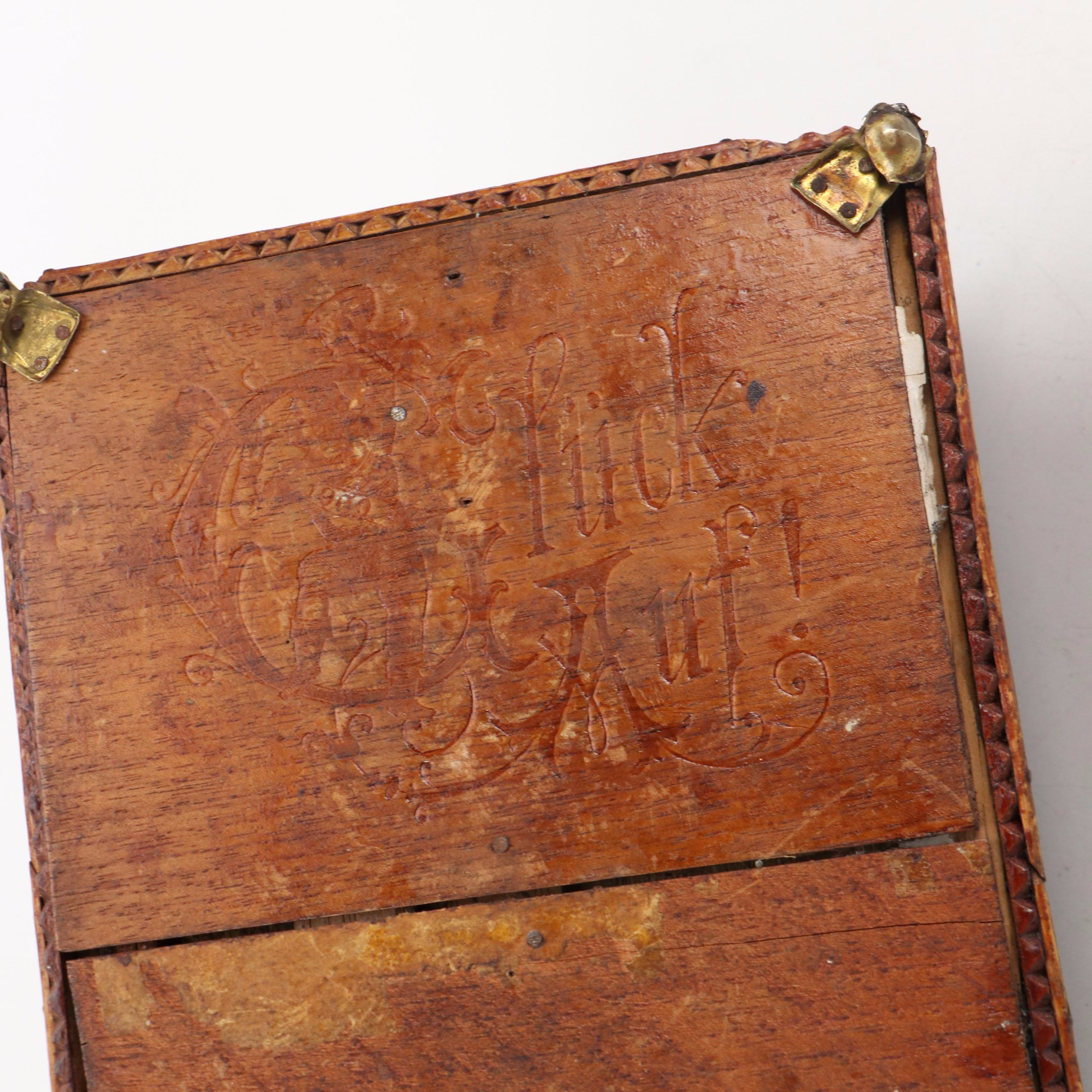 Chip-Carved Tramp Art Box with Brass Feet and Gilt Interior, Early 20th Century