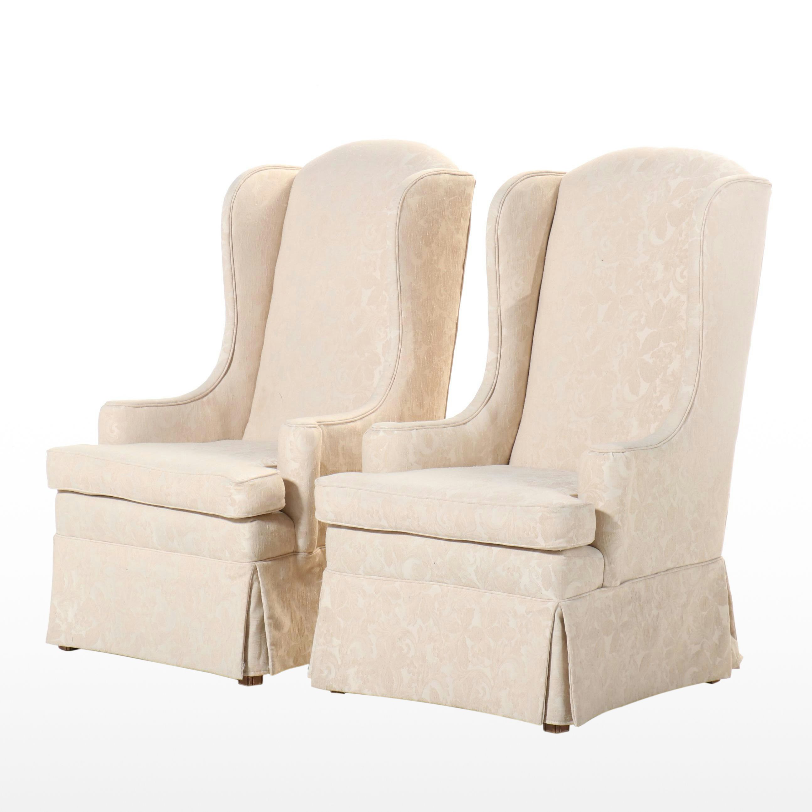 Pair of Ivory Damask Upholstered and Skirted Wingback Chairs