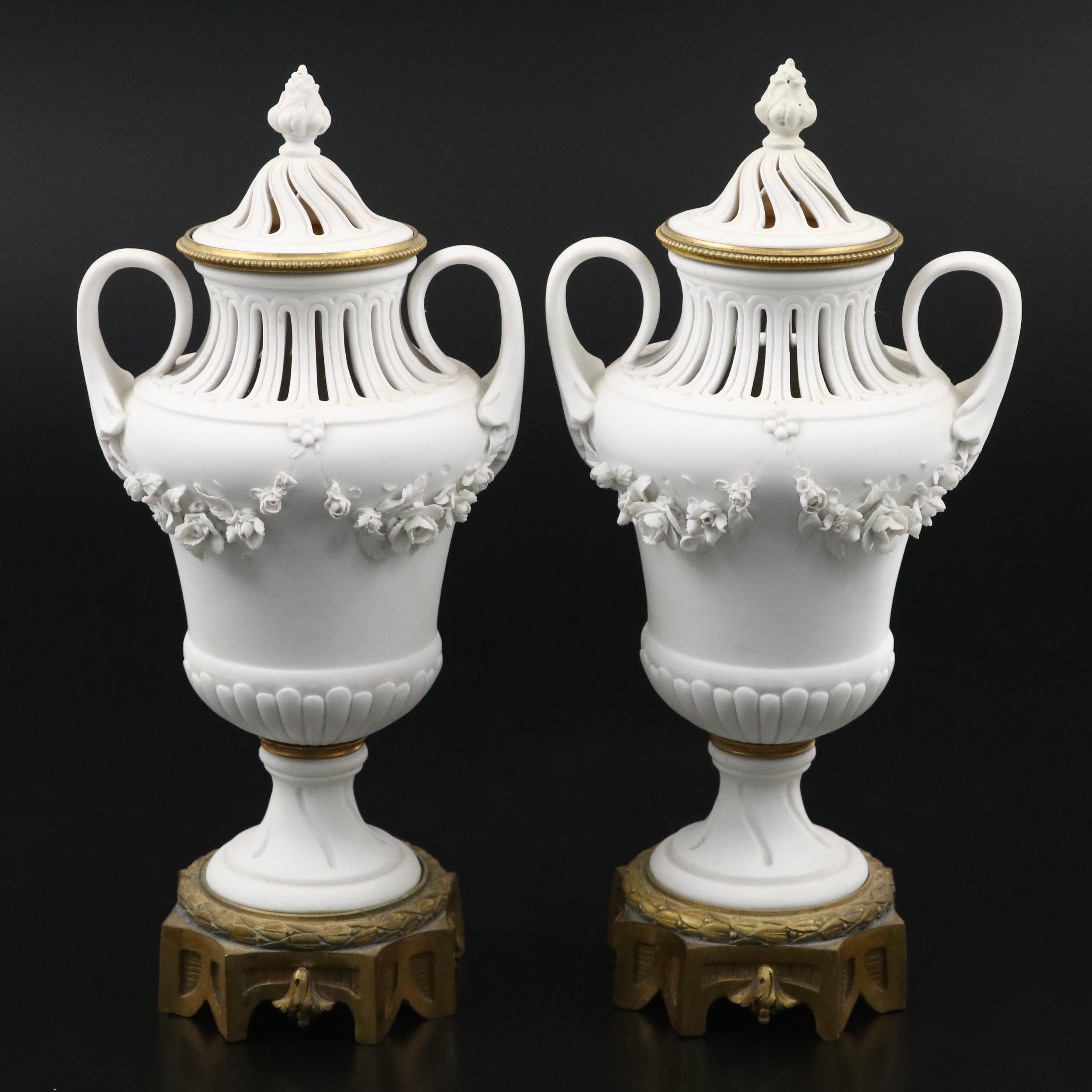 Pair of French Style Ormolu Mounted Bisque Covered Vases with Applied Rose Swags