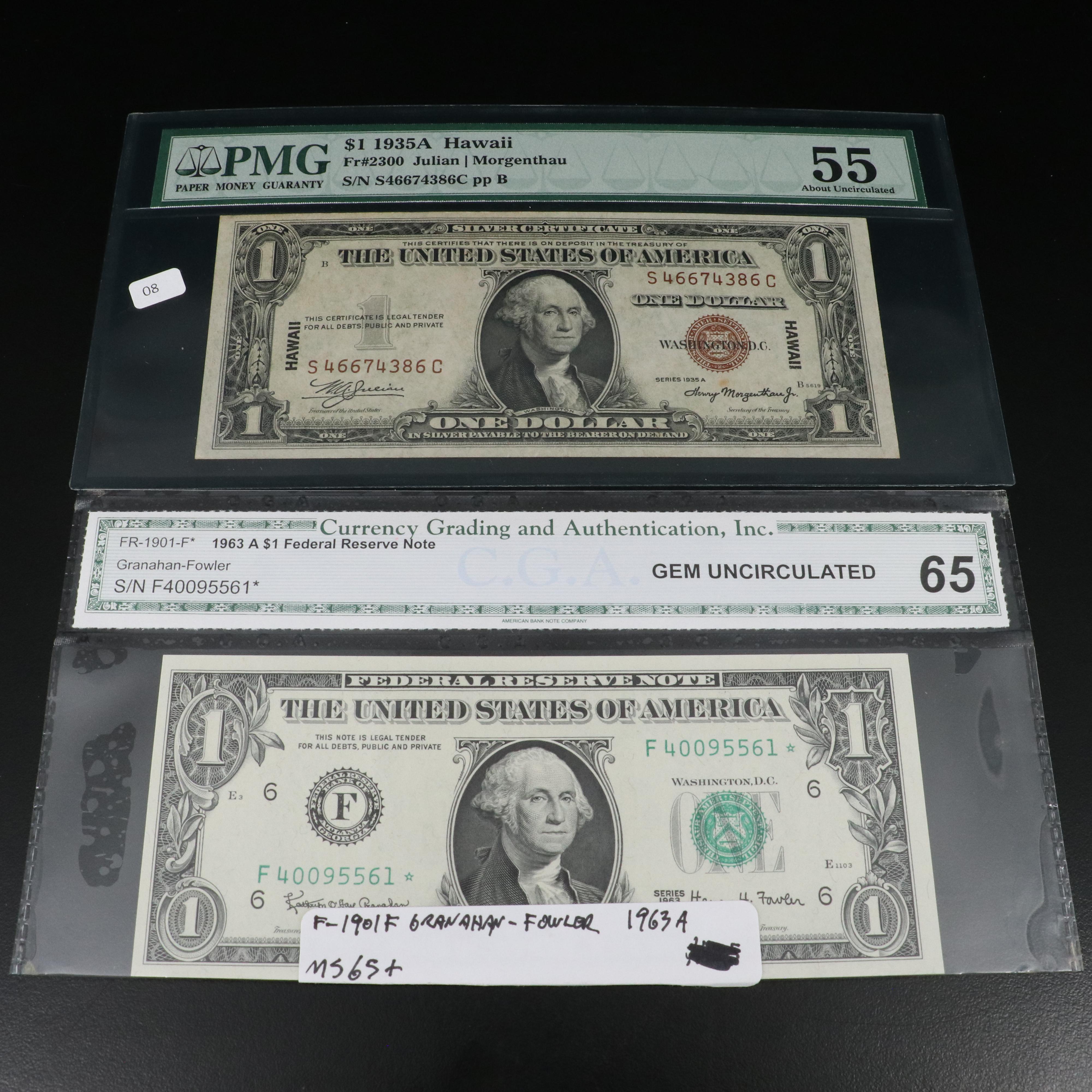 Collection of Ten Graded $1 U.S. Currency Notes Including a CGA CU 63 FR#-1601