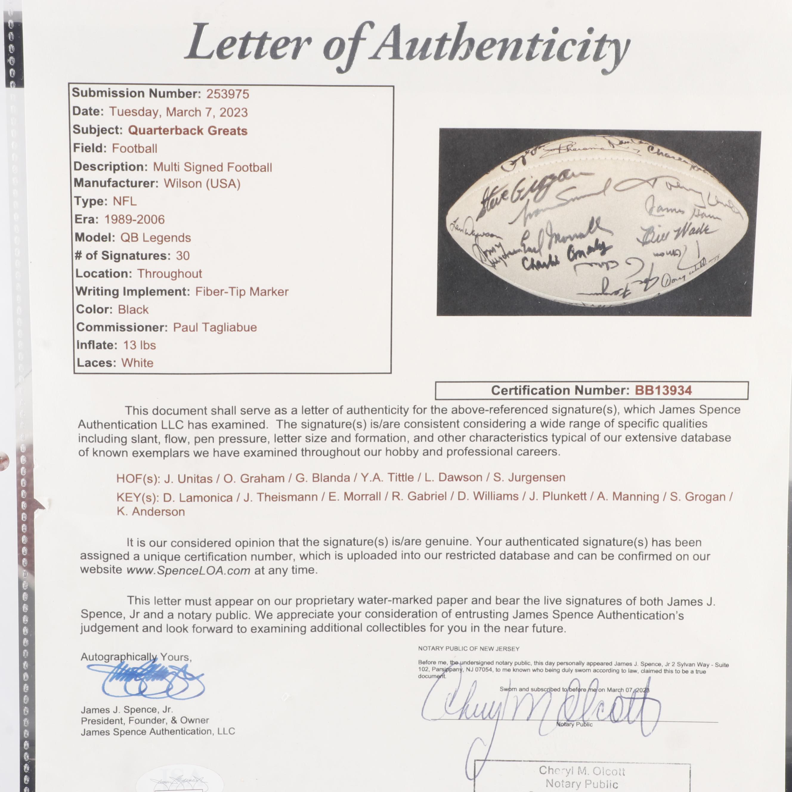 NFL Quarterback Legends Signed Football, Thirty Signatures, JSA