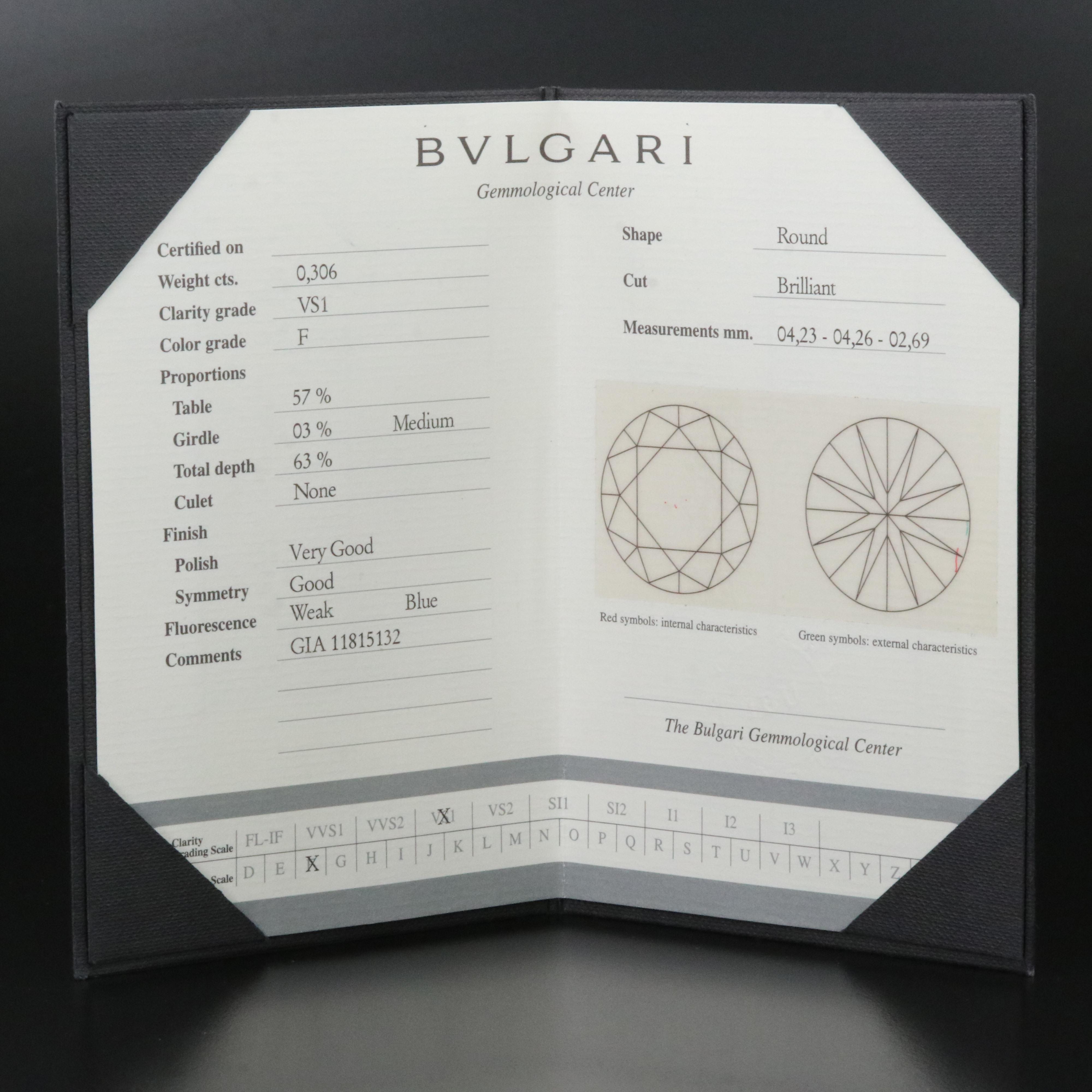 Bulgari BVLGARI Griffe Platinum 0.30 CT Diamond Solitaire Ring with GIA eReport