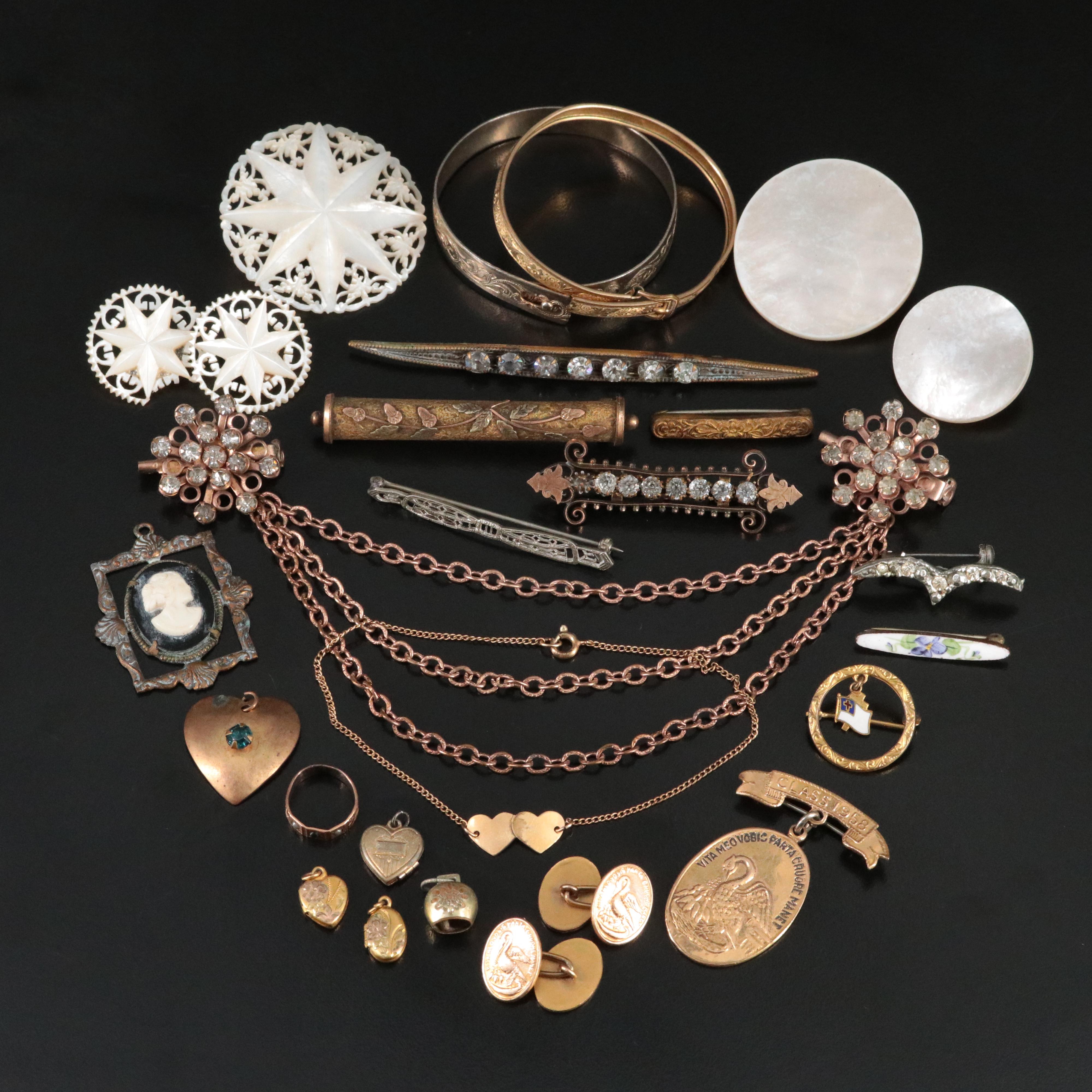 Antique Jewelry Collection Featuring Mother-of-Pearl, Rhinestone and Faux Onyx