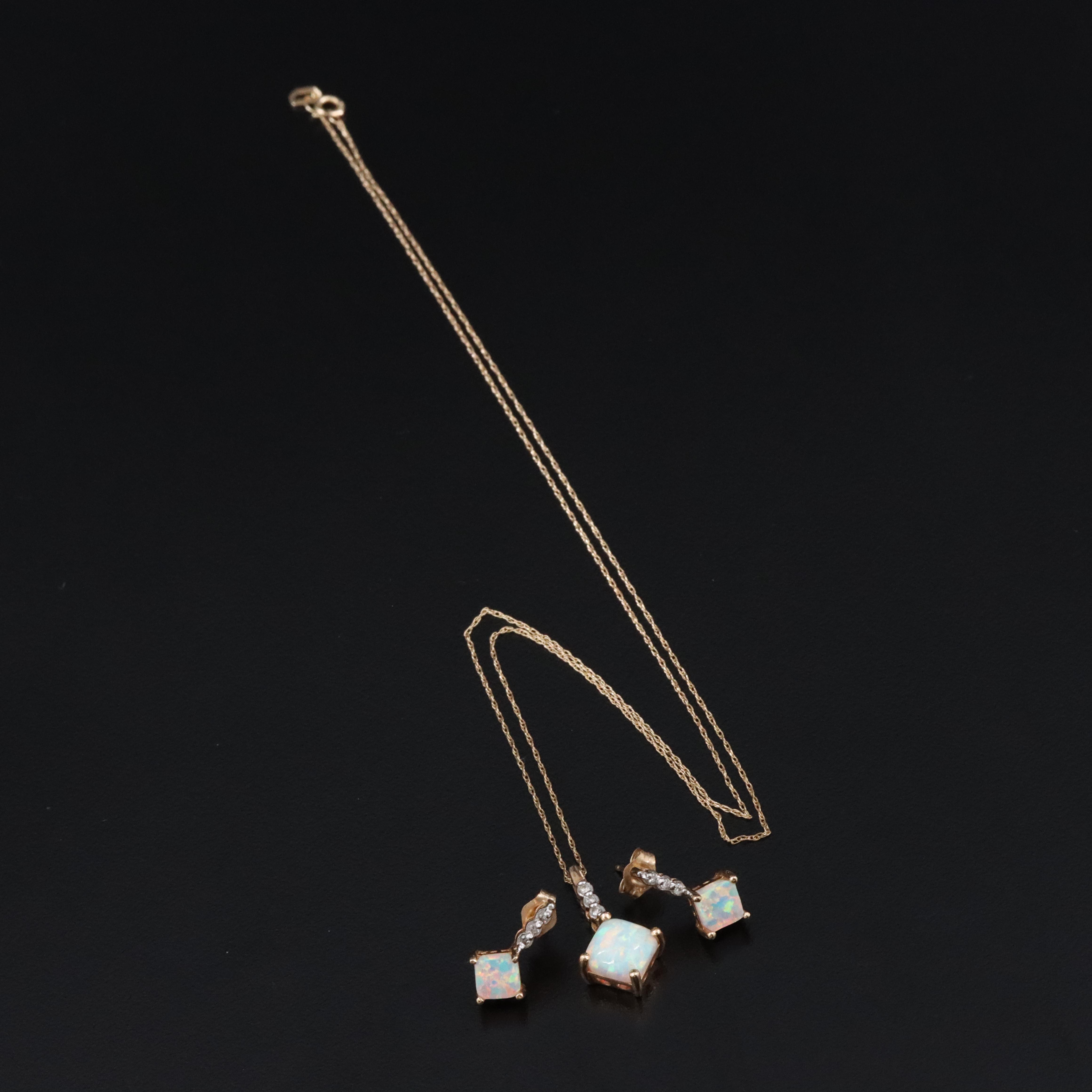 14K Opal and Diamond Pendant Necklace and Earrings