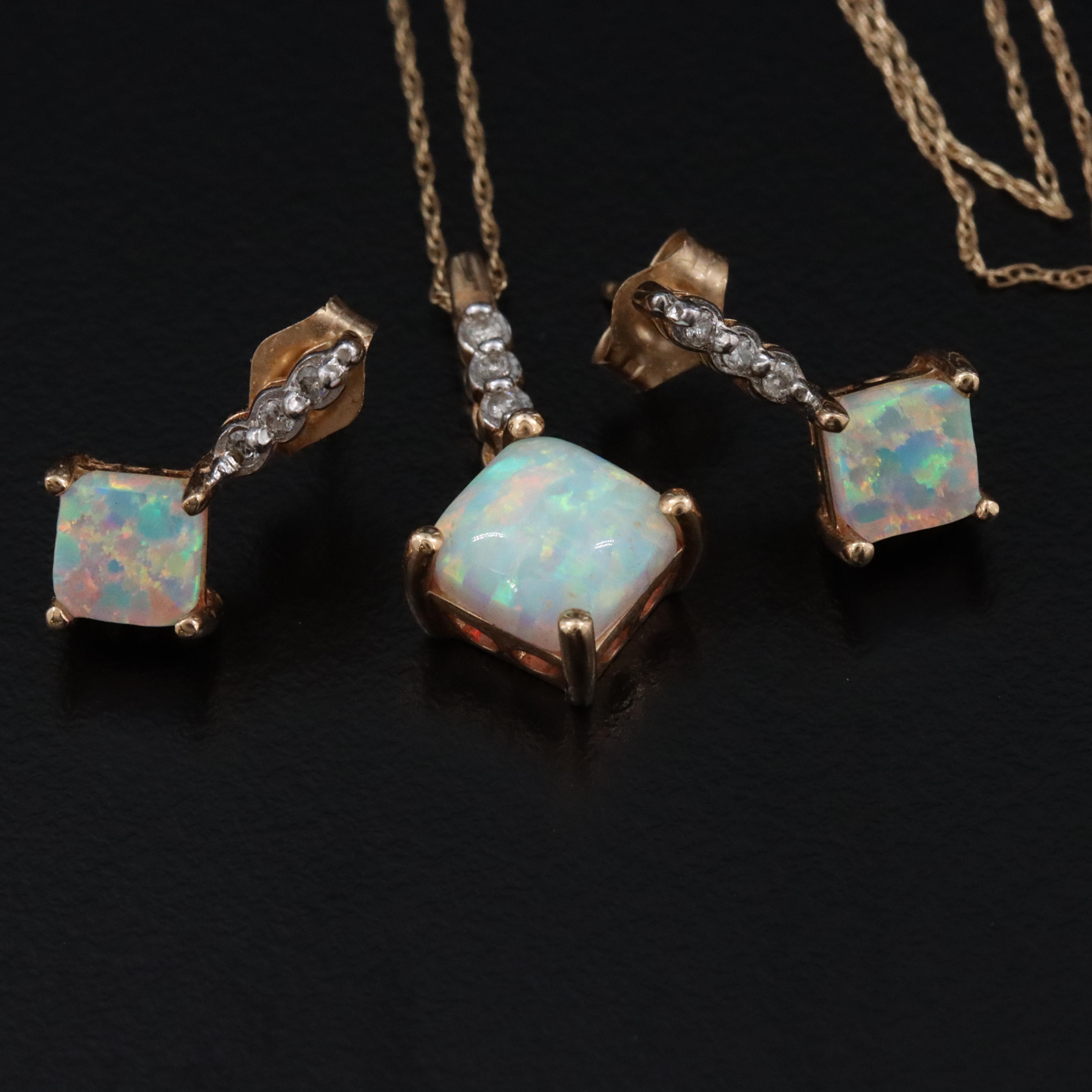 14K Opal and Diamond Pendant Necklace and Earrings