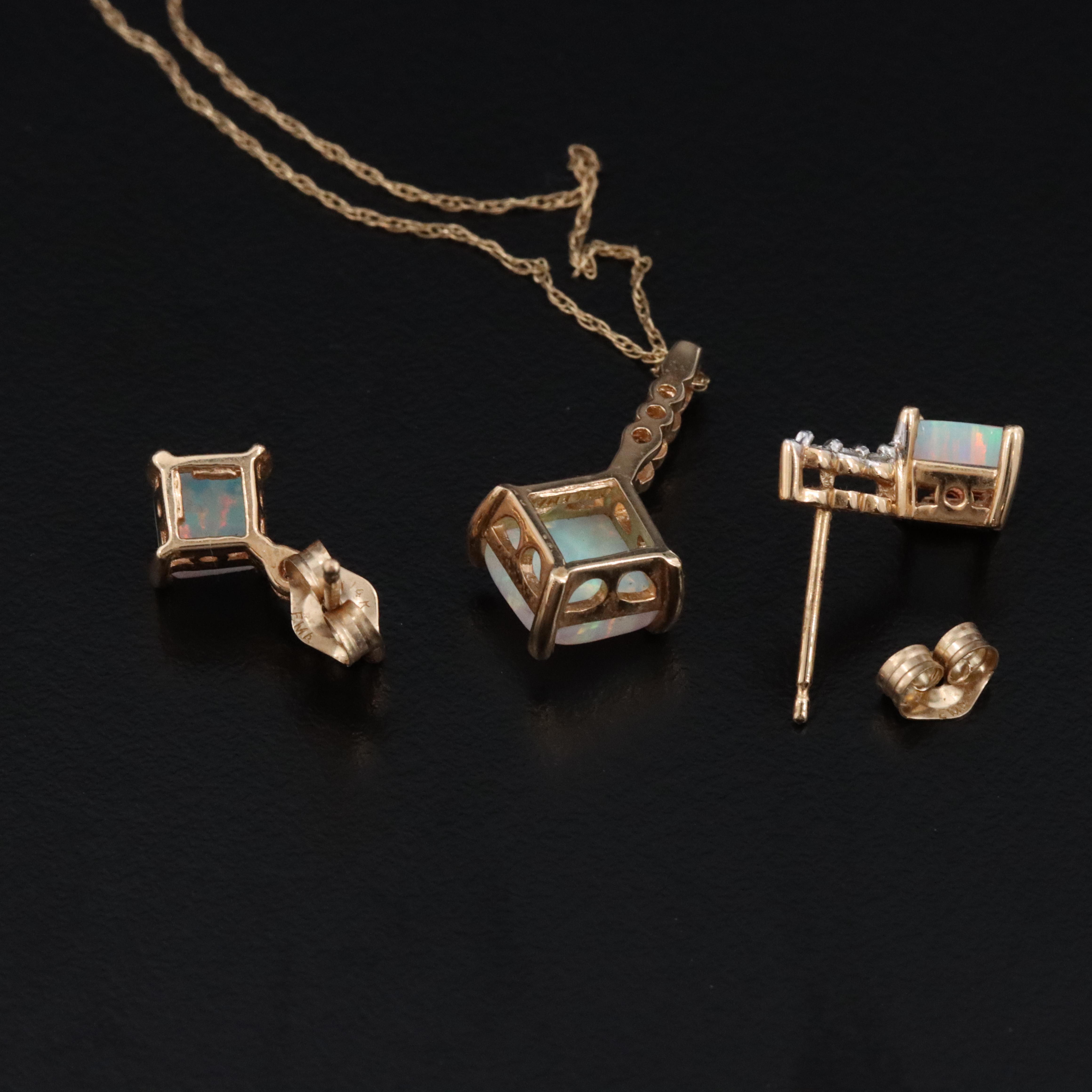 14K Opal and Diamond Pendant Necklace and Earrings