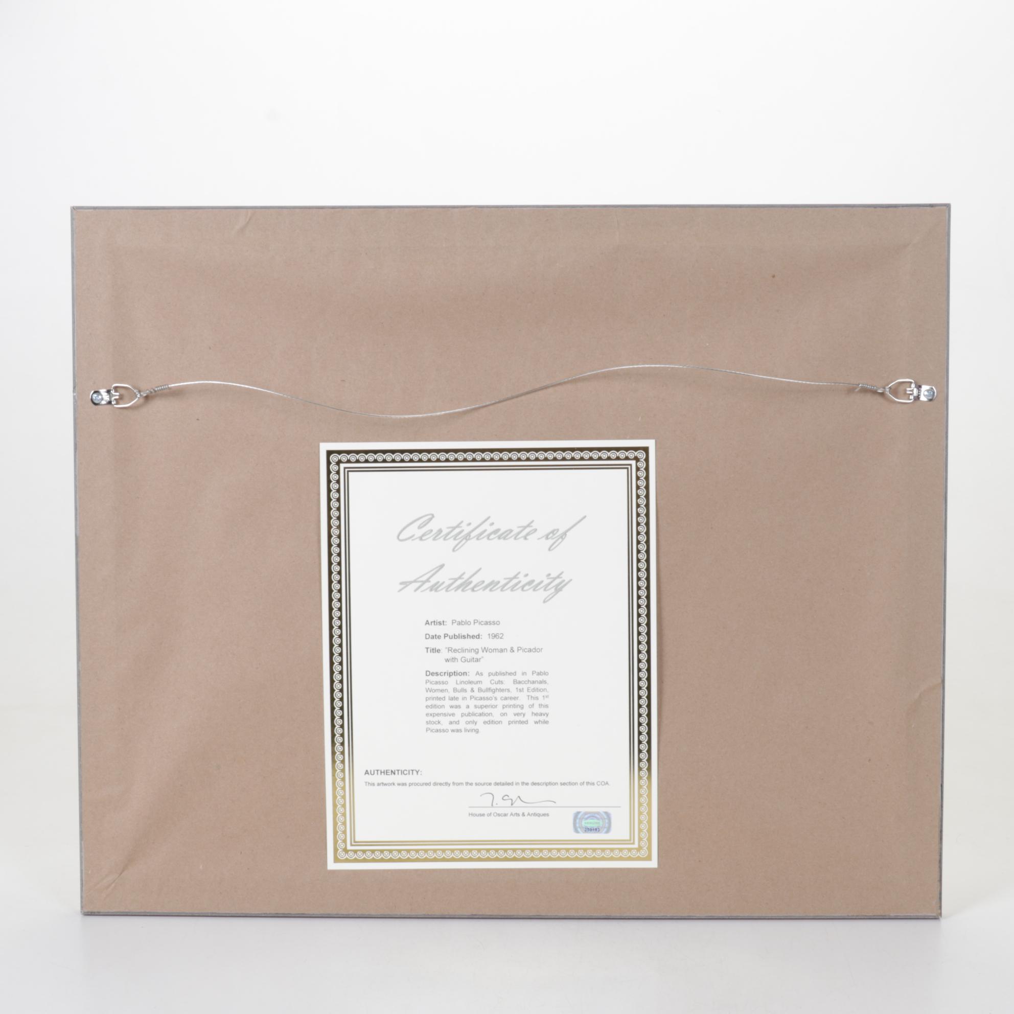 Pablo Picasso Linocut "Reclining Woman & Picador with Guitar," 1962