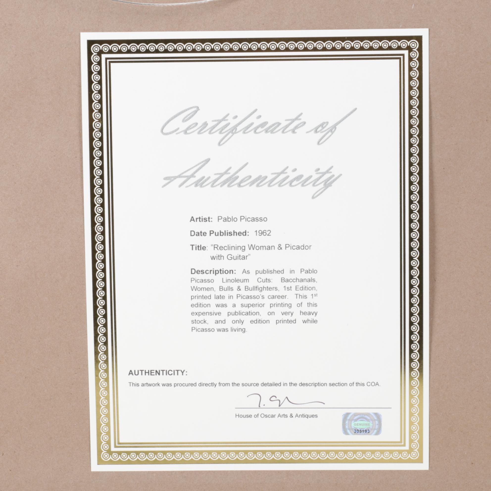 Pablo Picasso Linocut "Reclining Woman & Picador with Guitar," 1962