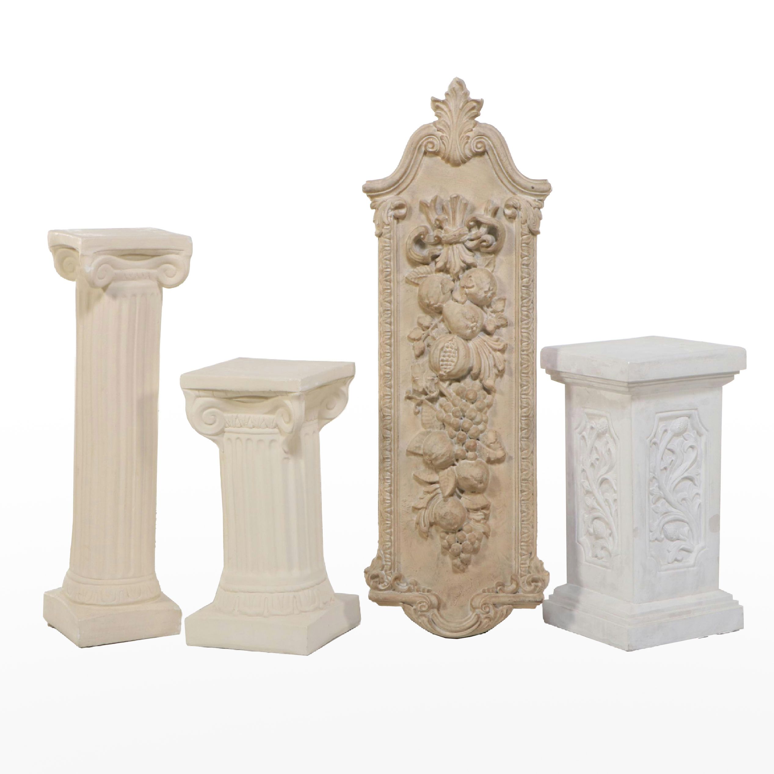 Three Neoclassical Style Plaster Pedestals with Compsite Wall Hanging Panel